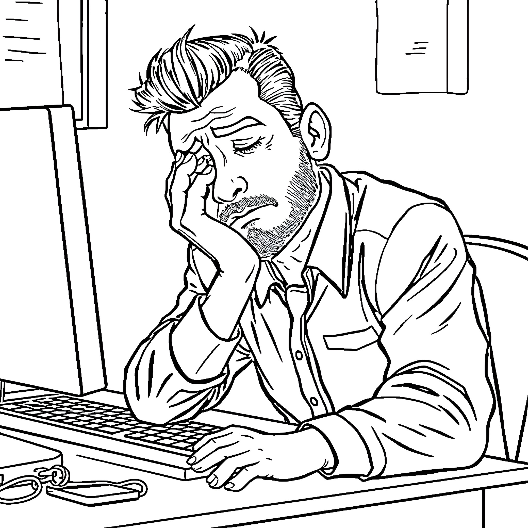 Officeworker working intently at computer Coloring Page (free black-and-white line drawing printable PDF for all, from beginners to advanced learners, including children, teens, adults, and seniors)