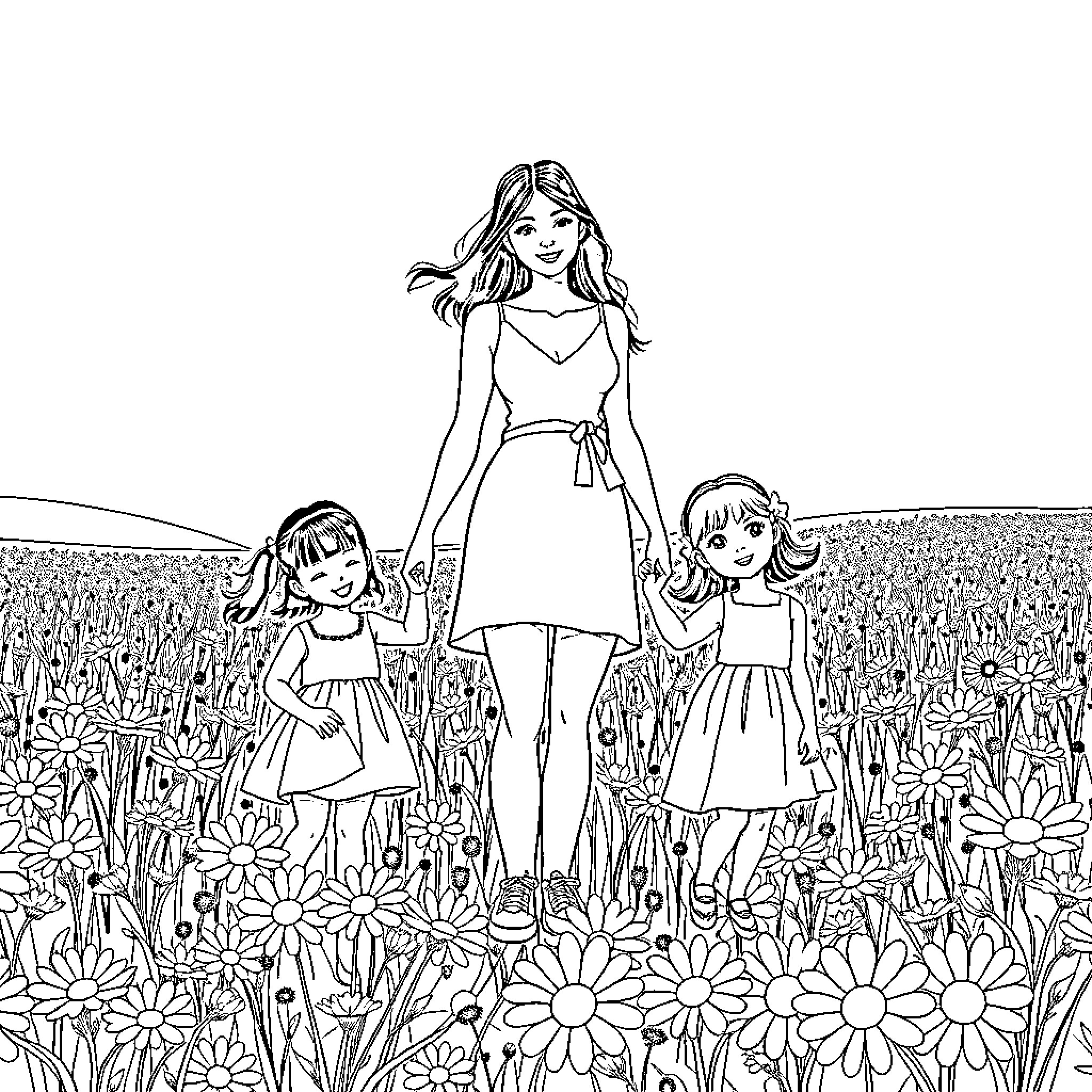 Mom enjoys a sunny day with her daughters in the field Coloring Page (free black-and-white line drawing printable PDF for all, from beginners to advanced learners, including children, teens, adults, and seniors)