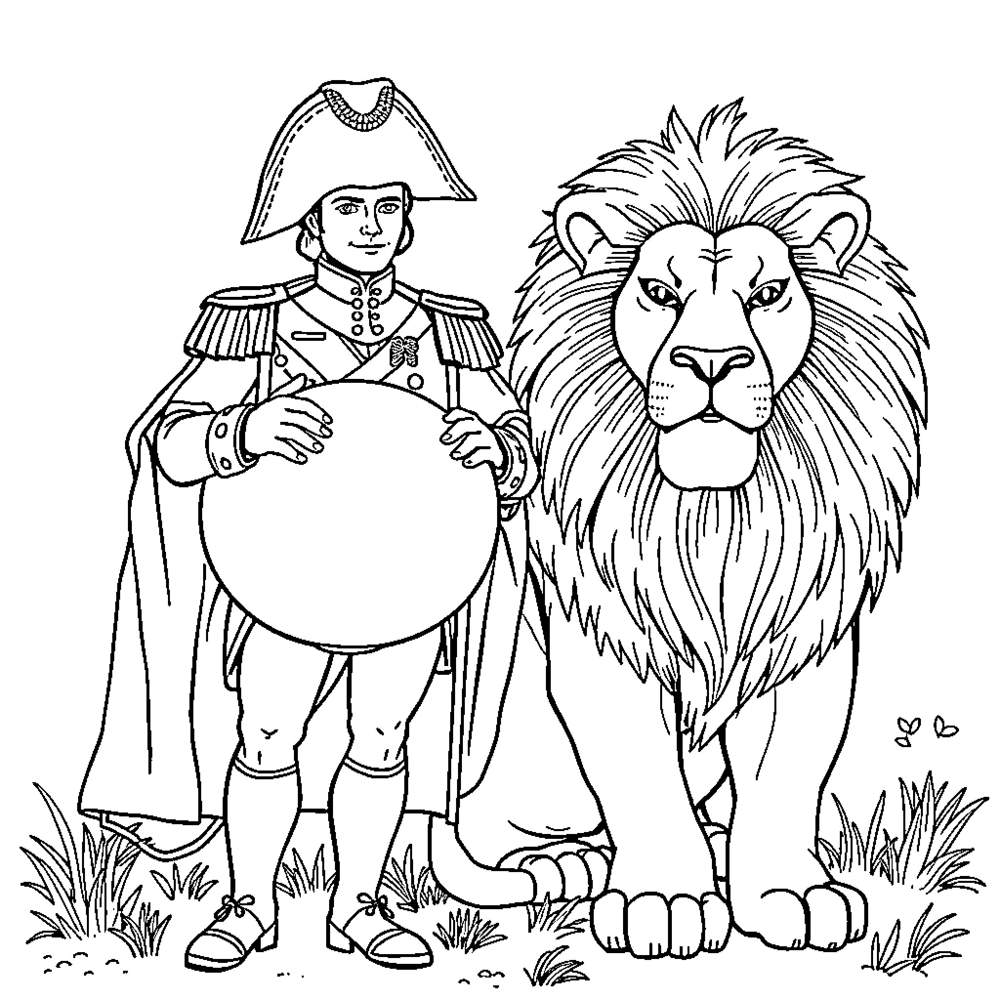 Napoleon standing with a mighty lion in the wild Coloring Page (free black-and-white line drawing printable PDF for all, from beginners to advanced learners, including children, teens, adults, and seniors)