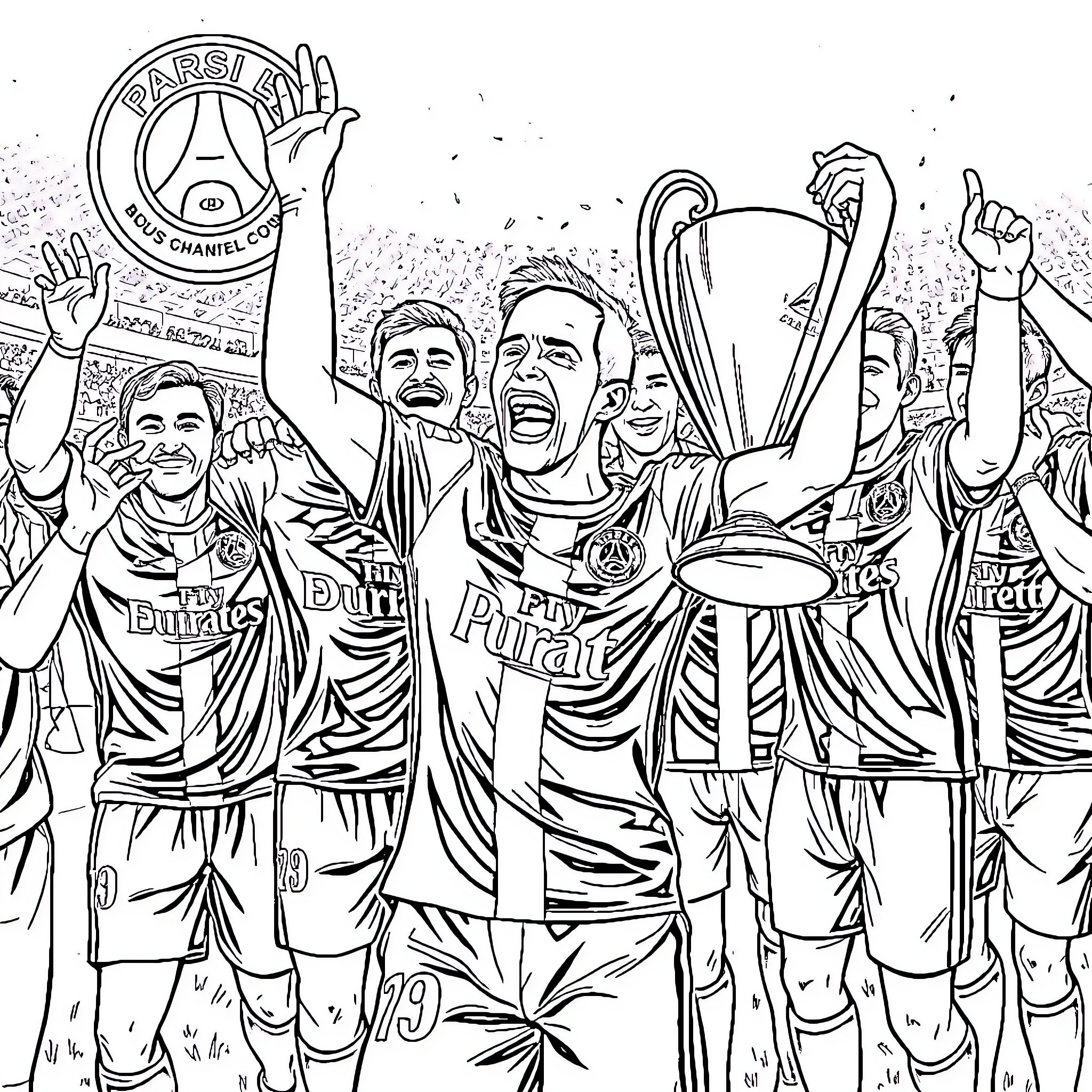 Neymar and teammates celebrate Champions League victory Coloring Page (free black-and-white line drawing printable PDF for all, from beginners to advanced learners, including children, teens, adults, and seniors)