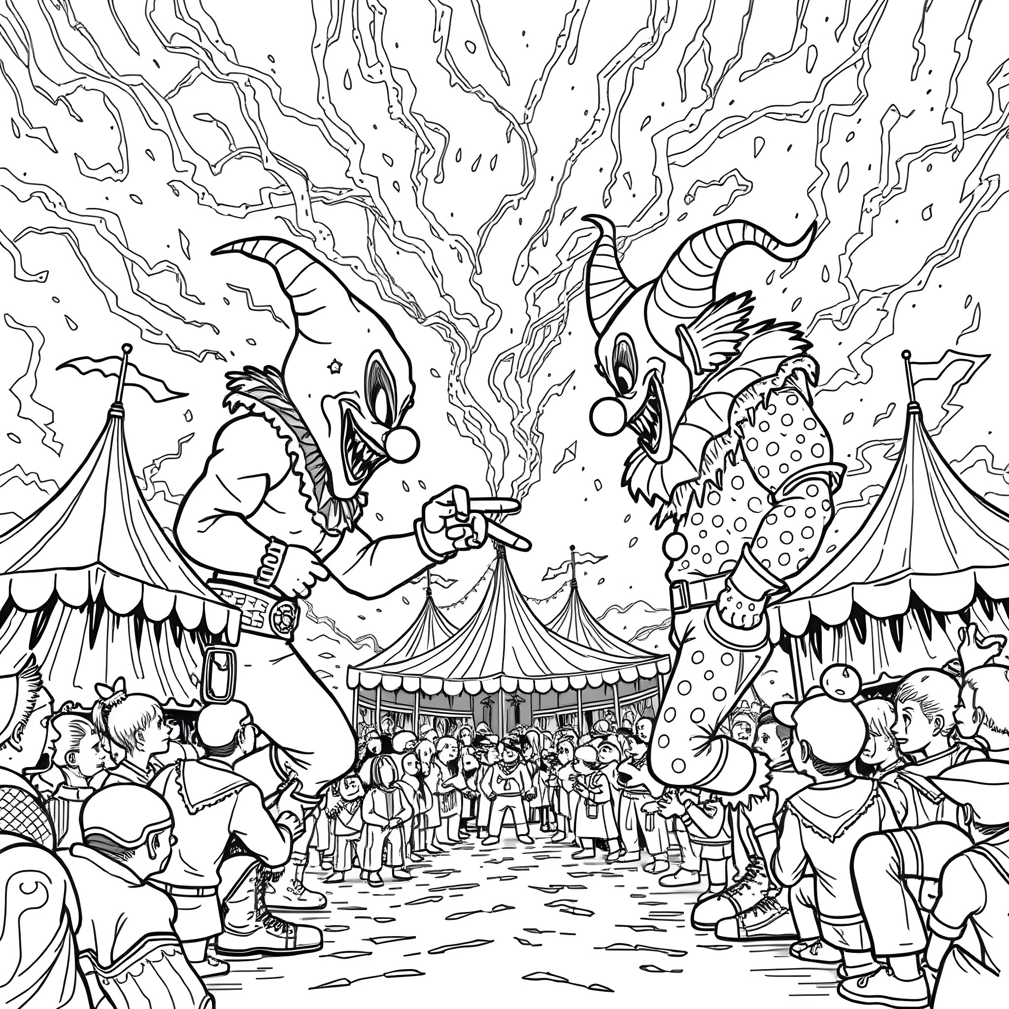 Twiztid carnival with fantastical characters and crowds Coloring Page (free black-and-white line drawing printable PDF for all, from beginners to advanced learners, including children, teens, adults, and seniors)