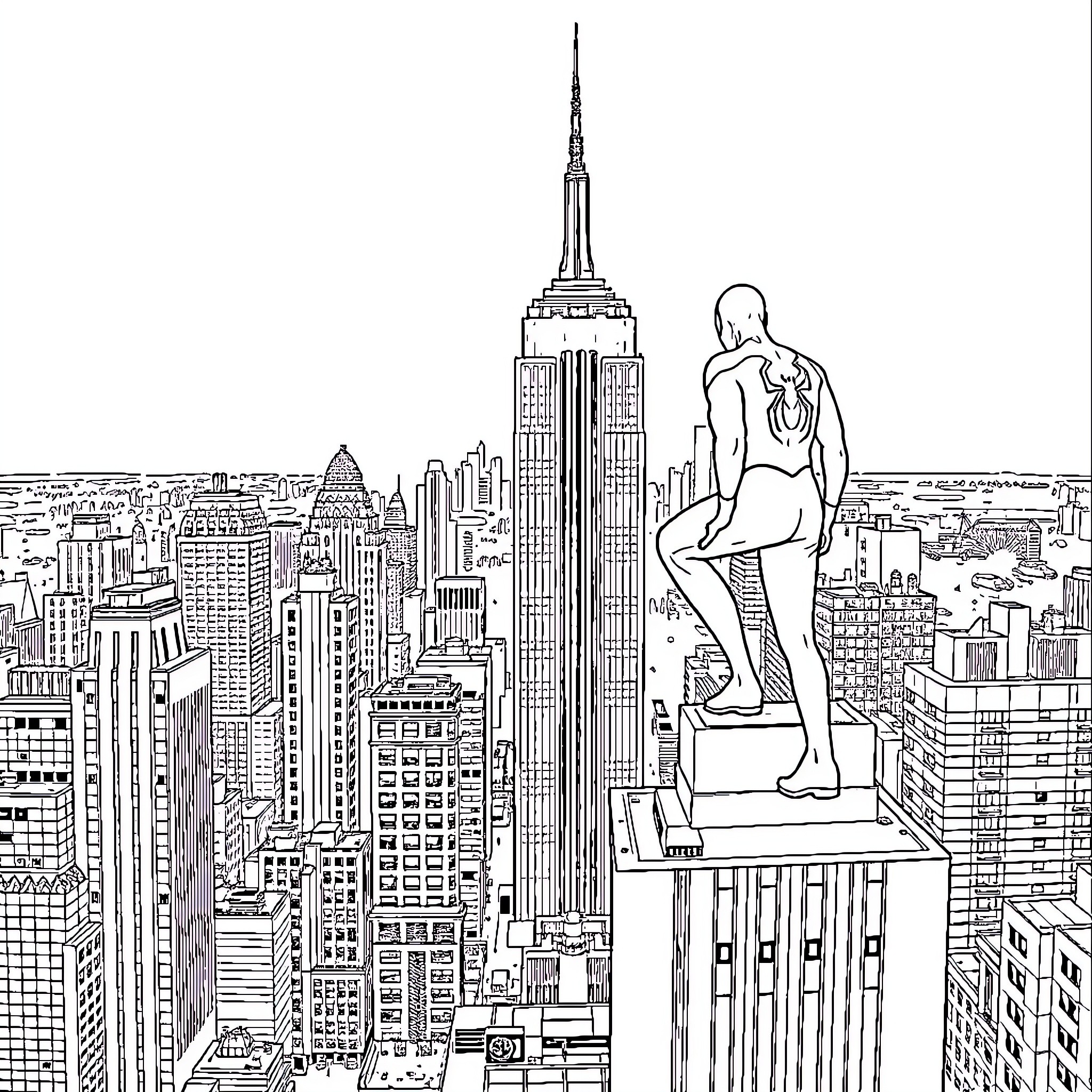 Spider-Man overlooking the city skyline Coloring Page (free black-and-white line drawing printable PDF for all, from beginners to advanced learners, including children, teens, adults, and seniors)