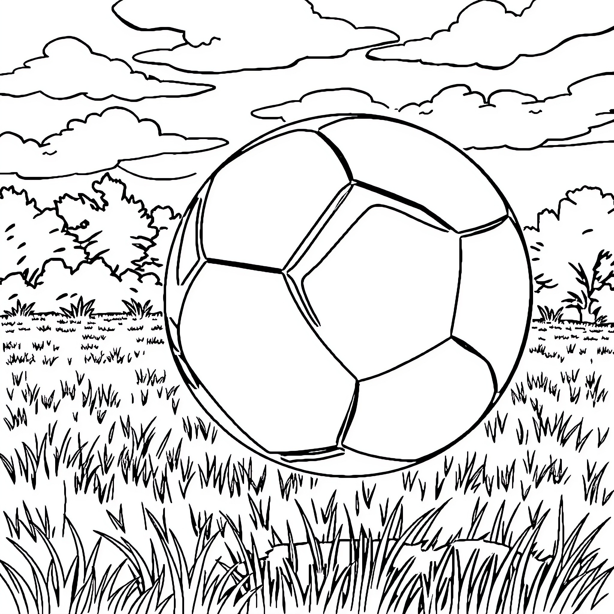 Football game in the countryside Coloring Page (free black-and-white line drawing printable PDF for all, from beginners to advanced learners, including children, teens, adults, and seniors)