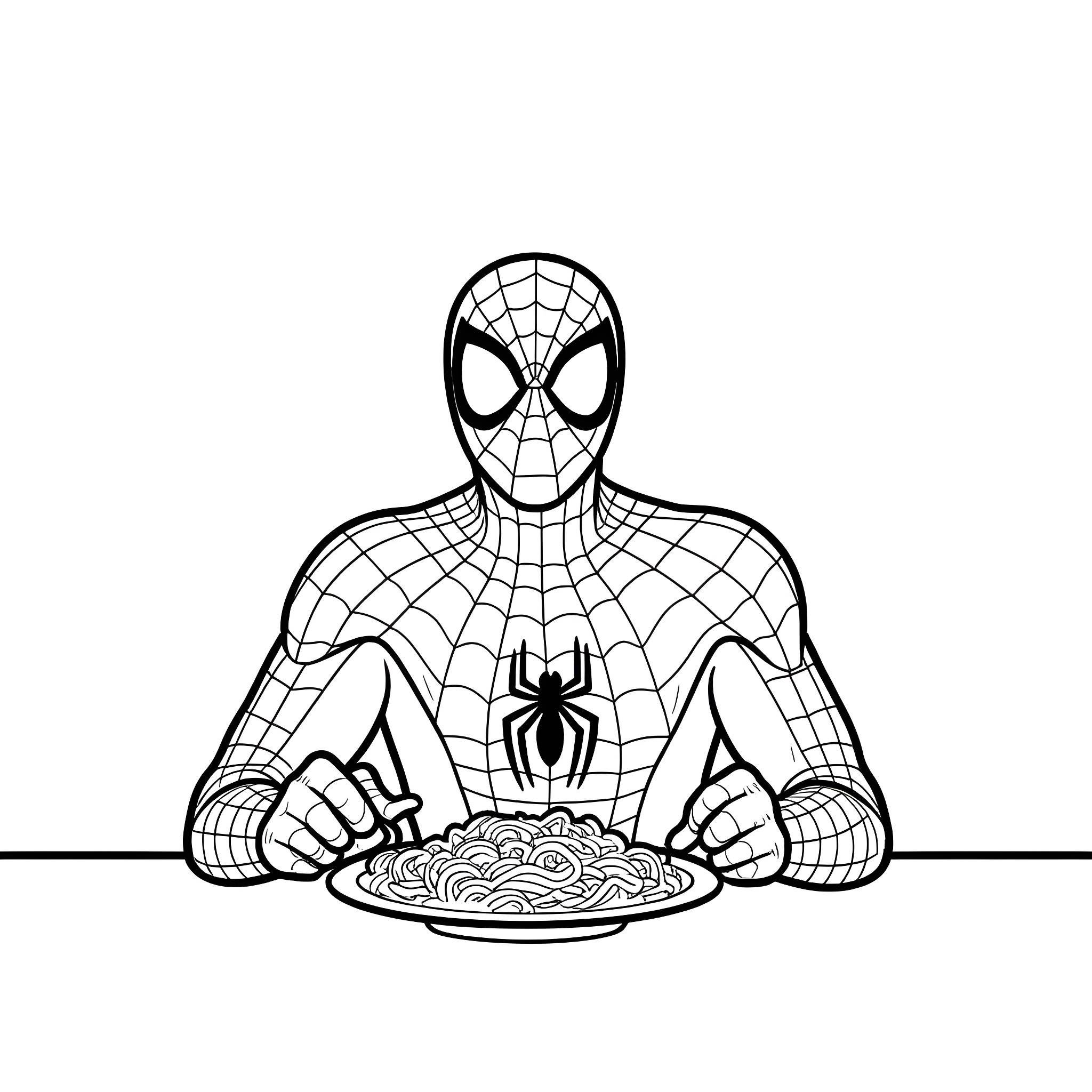 Spiderman enjoying a hearty meal Coloring Page (free black-and-white line drawing printable PDF for all, from beginners to advanced learners, including children, teens, adults, and seniors)