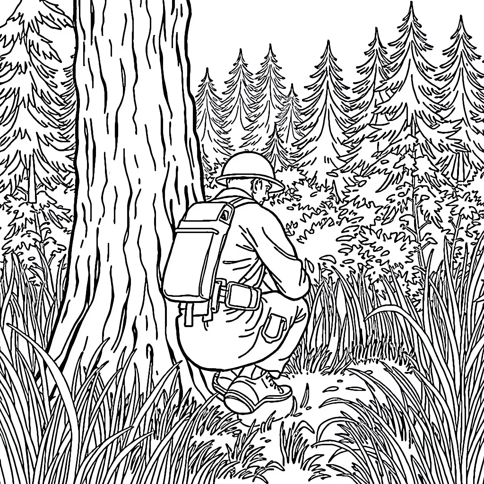 Army Man Exploring the Wilderness Landscape Coloring Page (free black-and-white line drawing printable PDF for all, from beginners to advanced learners, including children, teens, adults, and seniors)