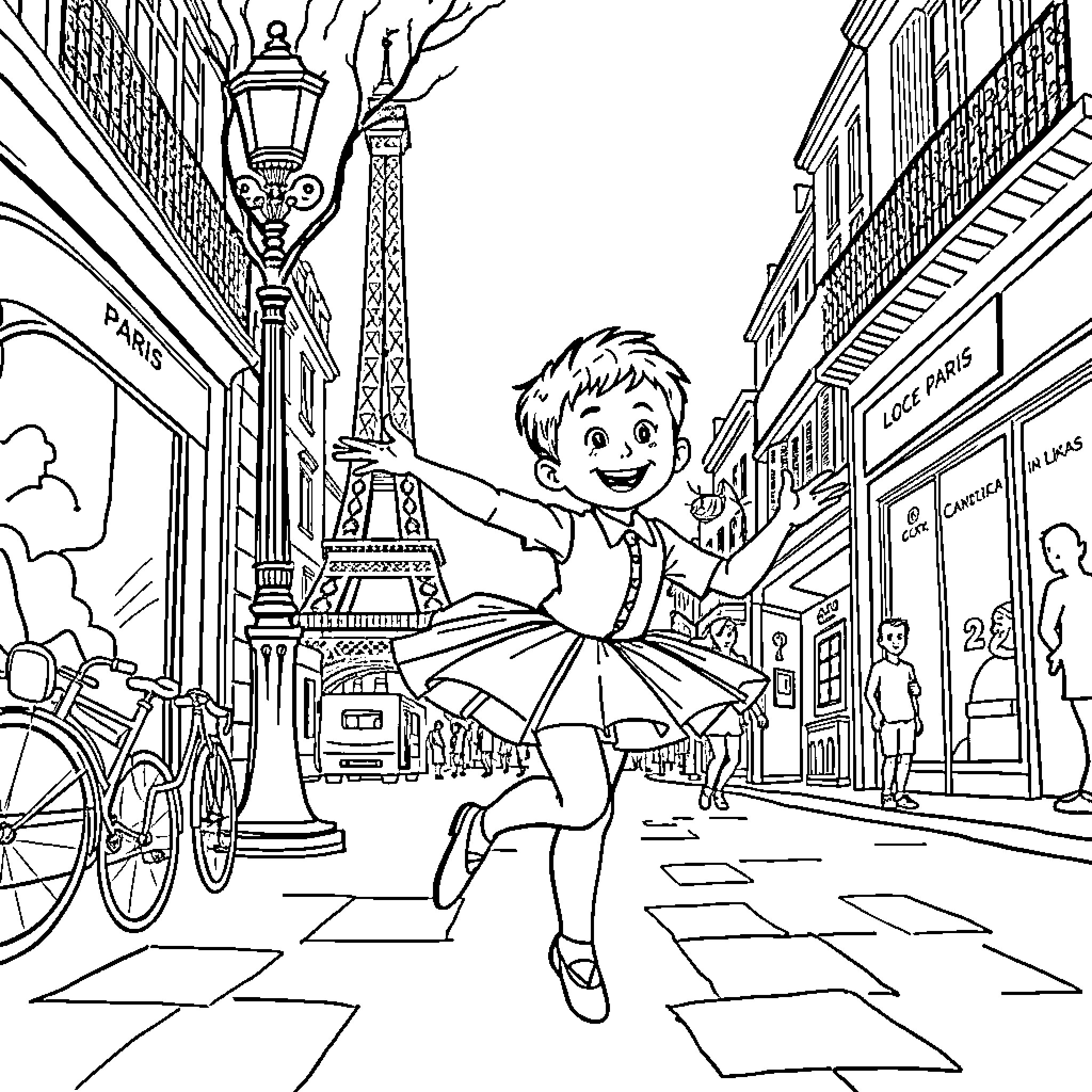 Jack's Playful Adventure in Paris Coloring Page (free black-and-white line drawing printable PDF for all, from beginners to advanced learners, including children, teens, adults, and seniors)