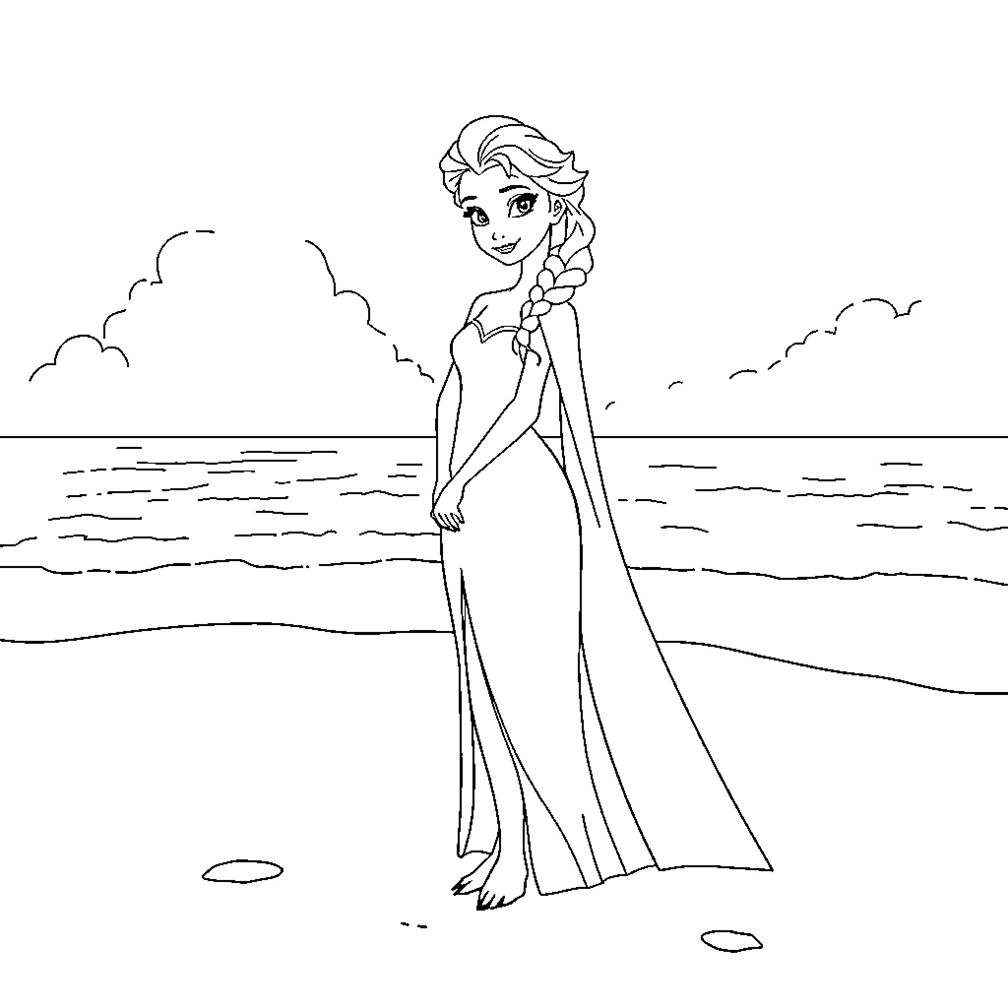 Elsa enjoying a tranquil day by the ocean Coloring Page (free black-and-white line drawing printable PDF for all, from beginners to advanced learners, including children, teens, adults, and seniors)