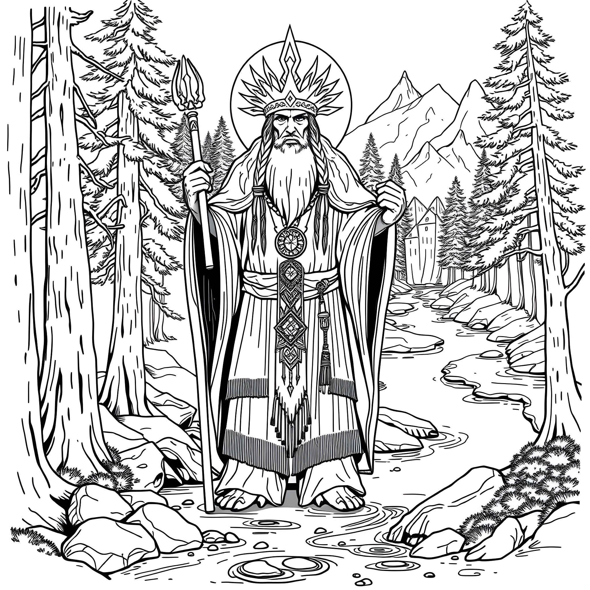 Spirit of the Forest Guardian Coloring Page (free black-and-white line drawing printable PDF for all, from beginners to advanced learners, including children, teens, adults, and seniors)