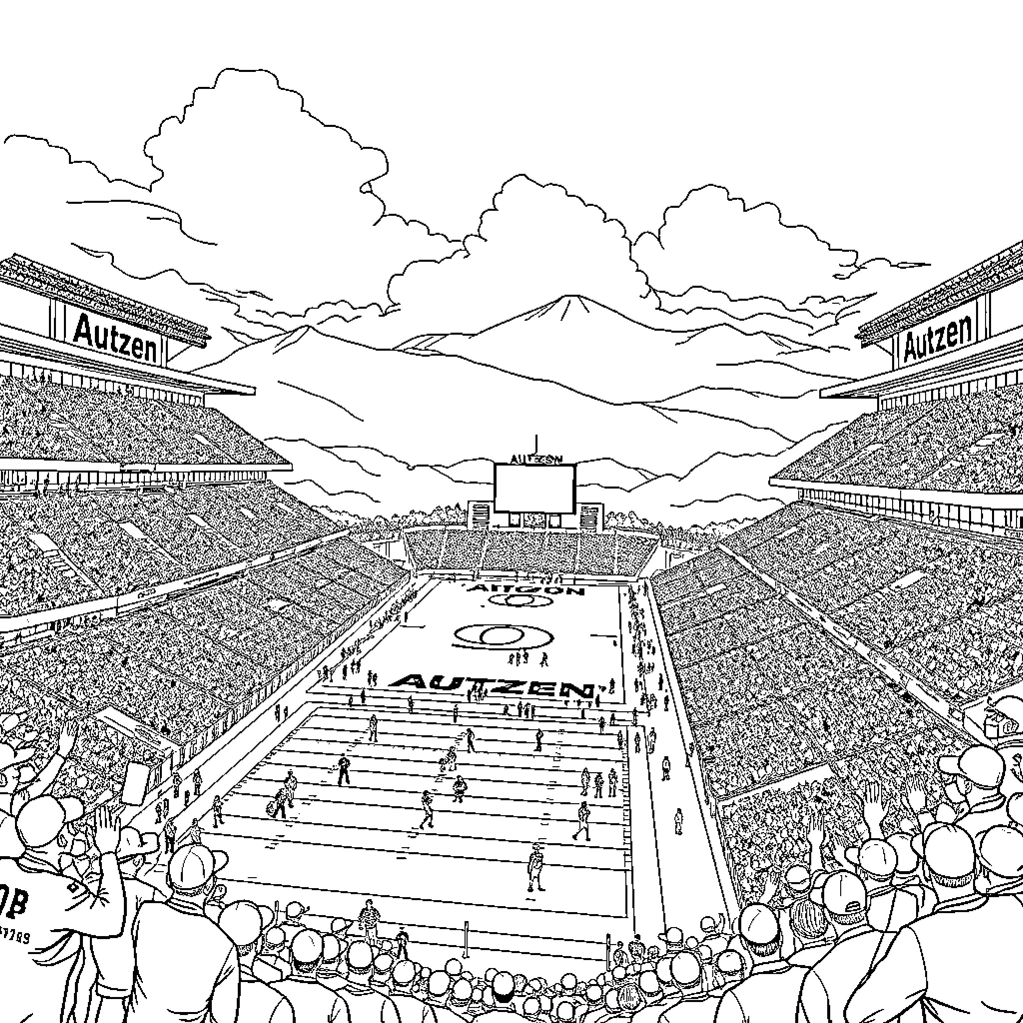 Stadium filled with spectators for a sports event Coloring Page (free black-and-white line drawing printable PDF for all, from beginners to advanced learners, including children, teens, adults, and seniors)