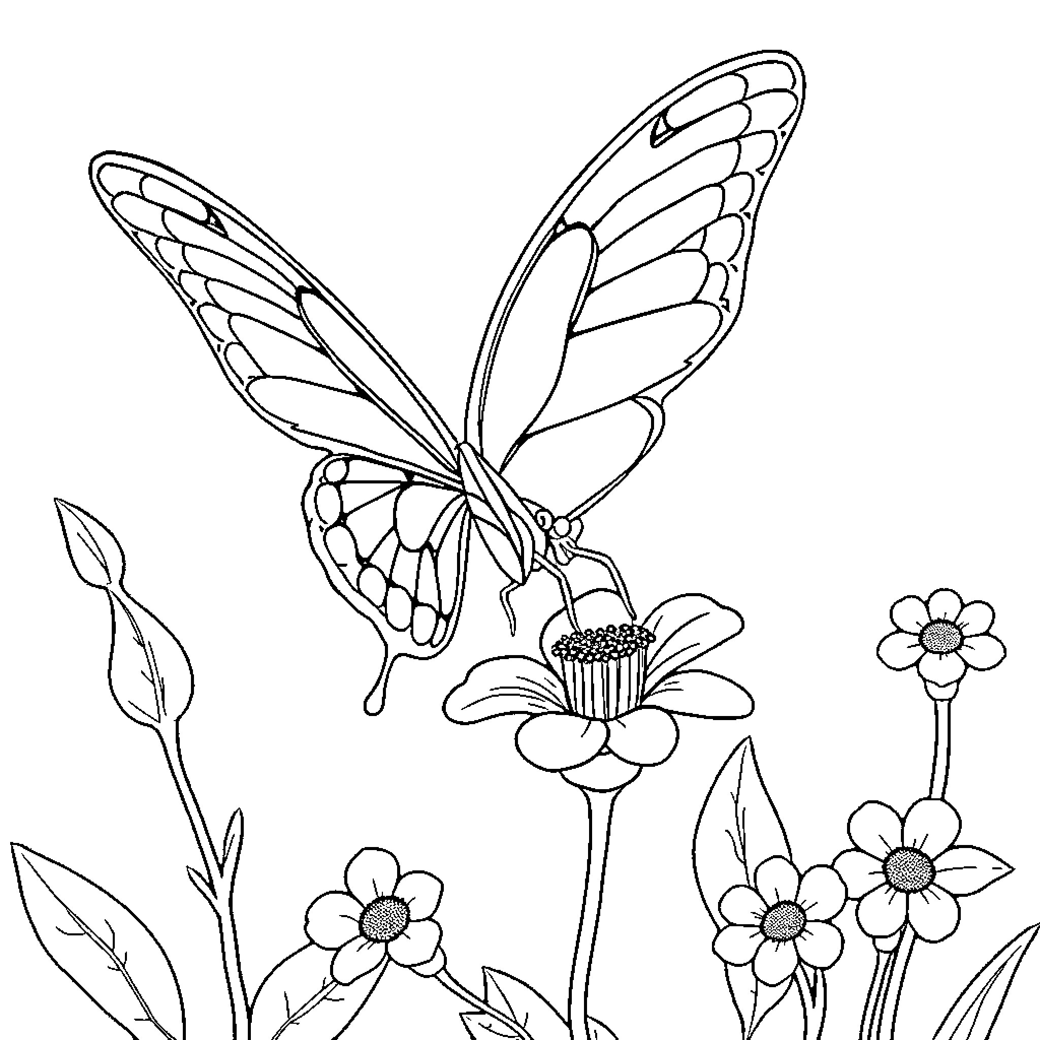 Butterfly fluttering near blooming flowers Coloring Page (free black-and-white line drawing printable PDF for all, from beginners to advanced learners, including children, teens, adults, and seniors)