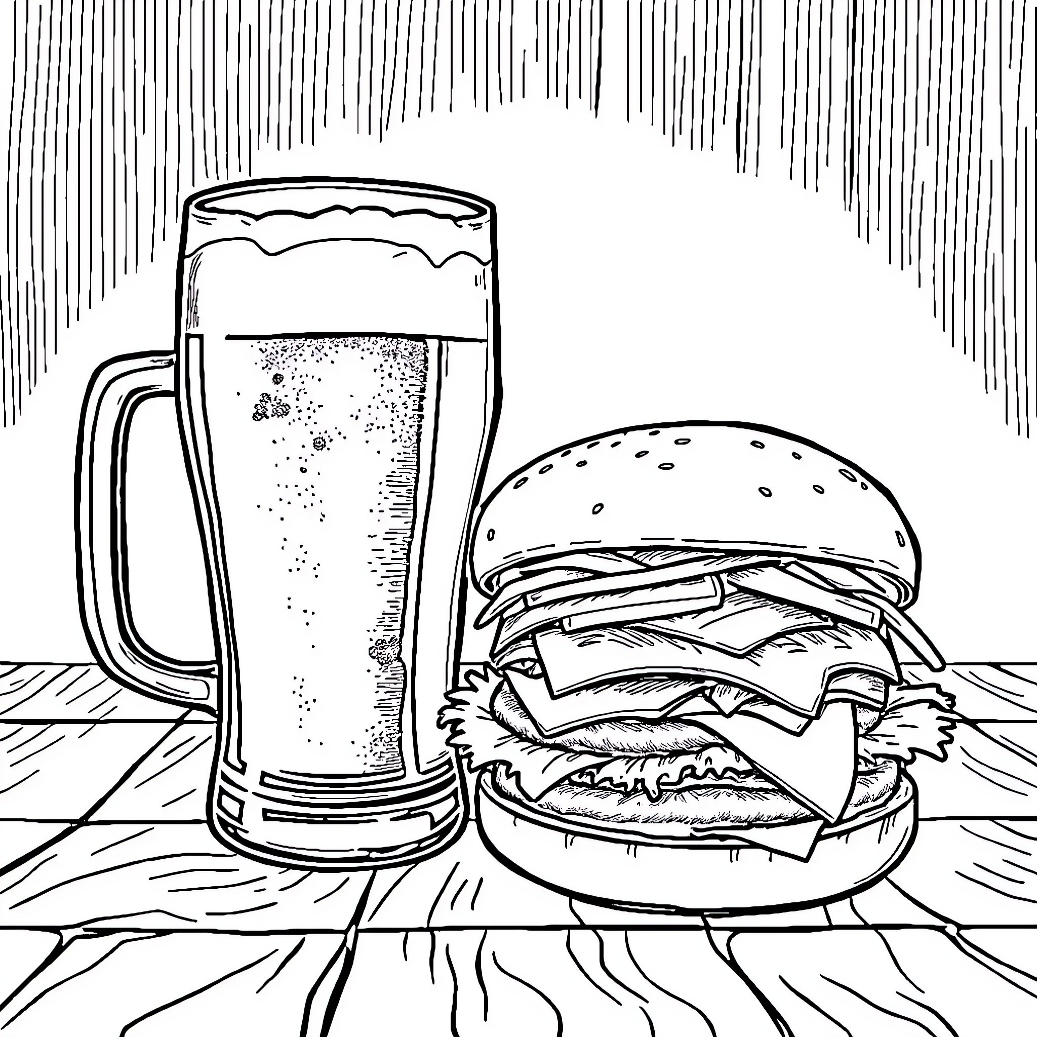 Beer and Burger on Wooden Table Coloring Page (free black-and-white line drawing printable PDF for all, from beginners to advanced learners, including children, teens, adults, and seniors)