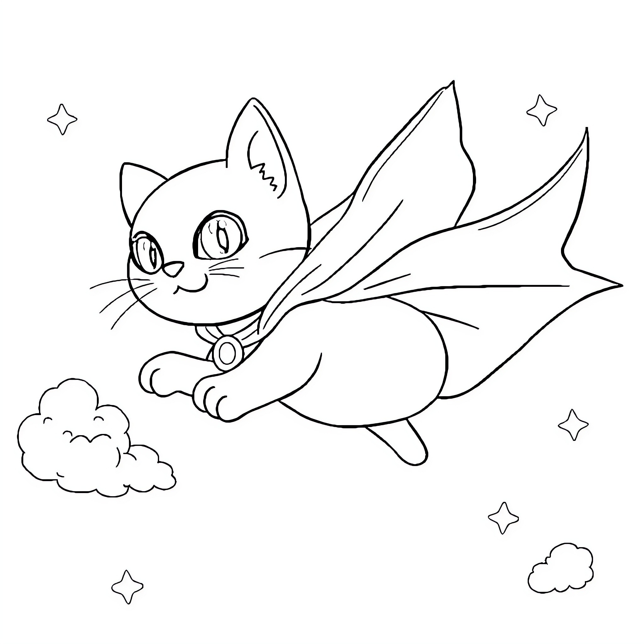 Cat with wings flying among stars Coloring Page (free black-and-white line drawing printable PDF for all, from beginners to advanced learners, including children, teens, adults, and seniors)