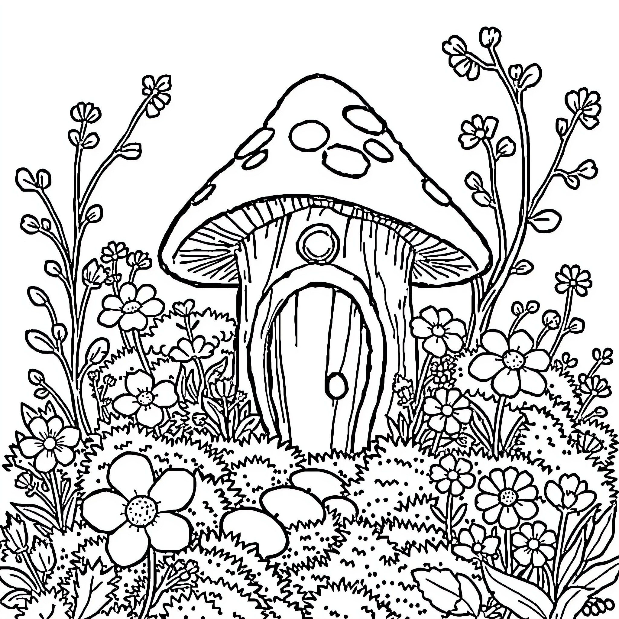 Mushroom house surrounded by flowers and plants Coloring Page (free black-and-white line drawing printable PDF for all, from beginners to advanced learners, including children, teens, adults, and seniors)