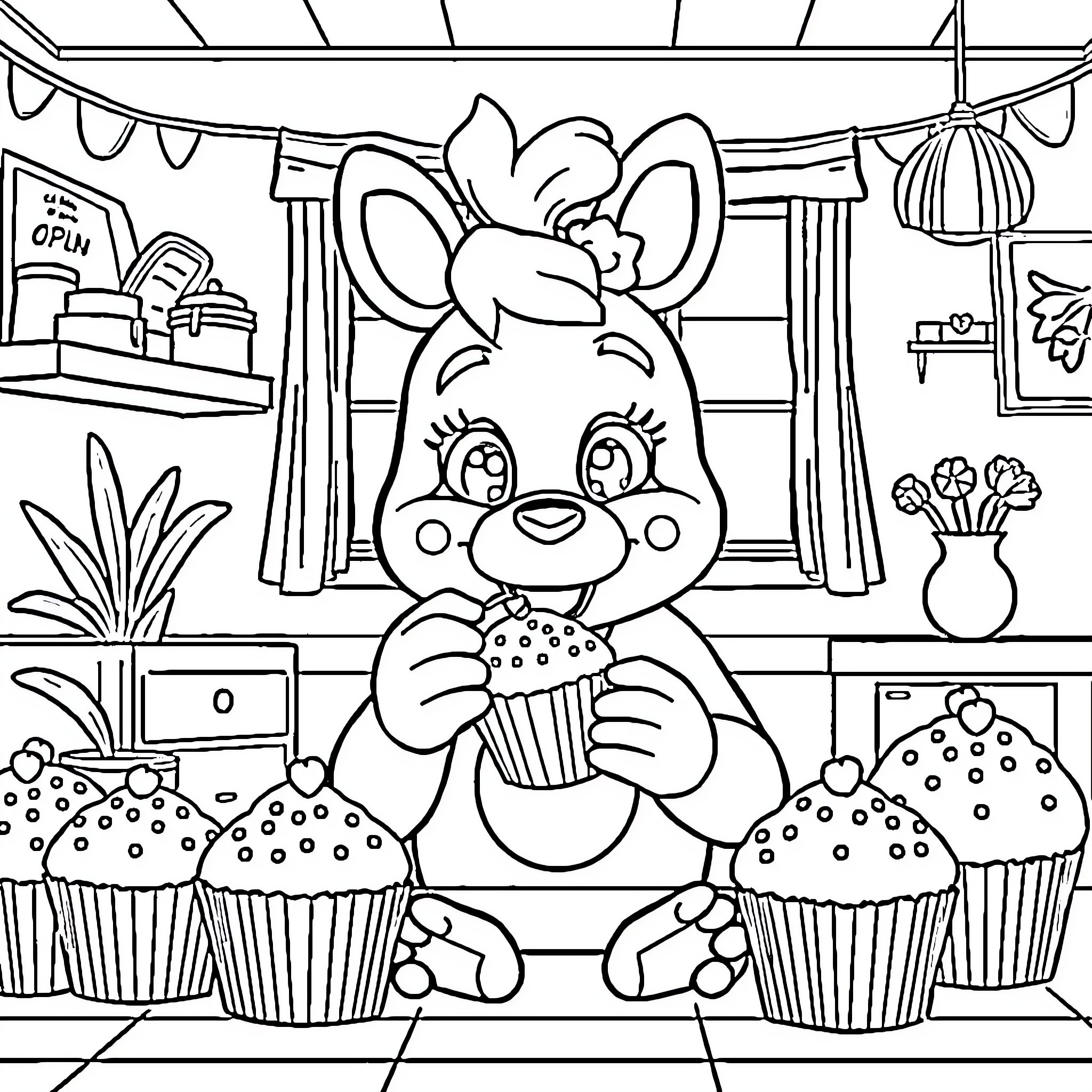 Chica enjoys baking delightful cupcakes in her cozy kitchen Coloring Page (free black-and-white line drawing printable PDF for all, from beginners to advanced learners, including children, teens, adults, and seniors)