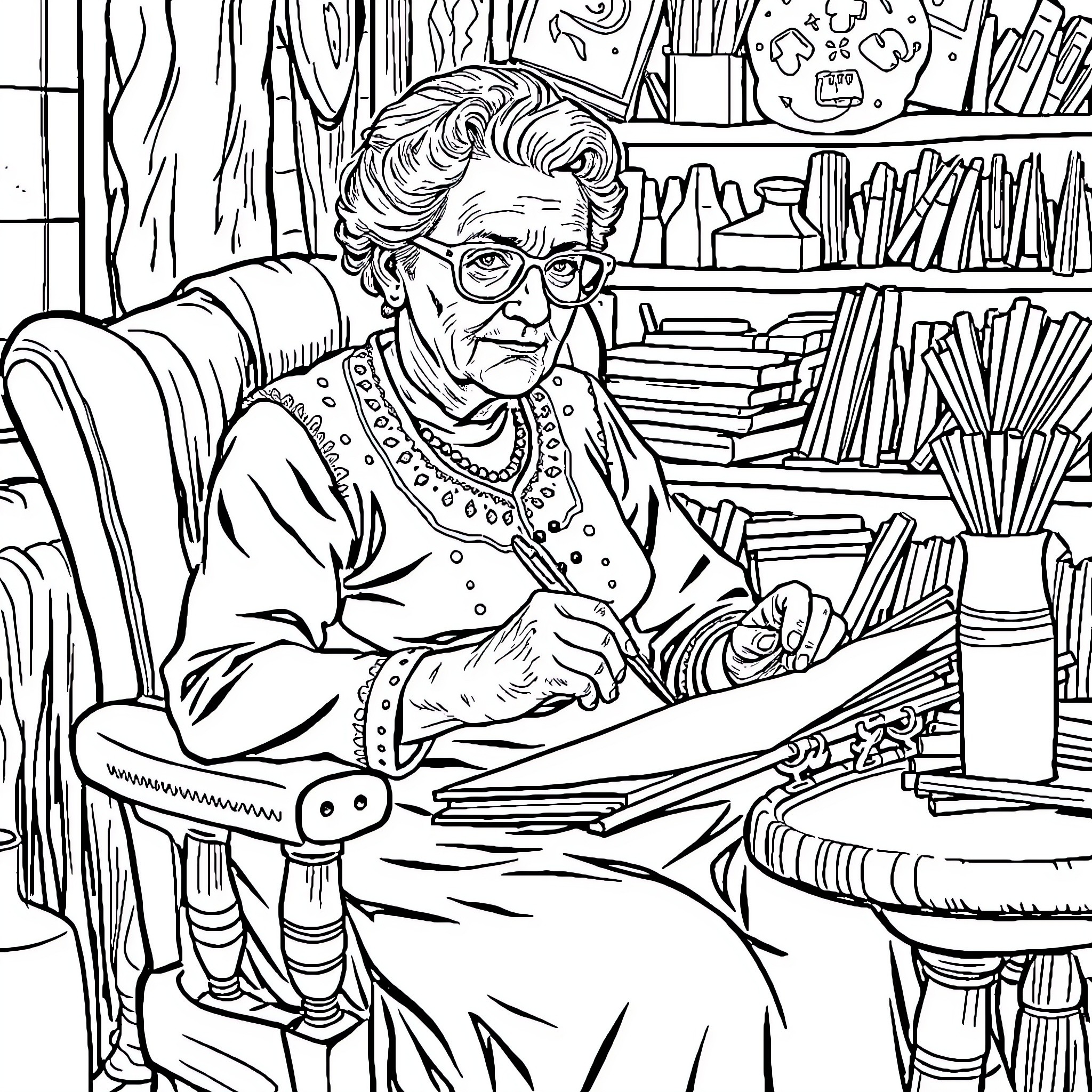 Dame Engrossed in Reading in her Study Coloring Page (free black-and-white line drawing printable PDF for all, from beginners to advanced learners, including children, teens, adults, and seniors)