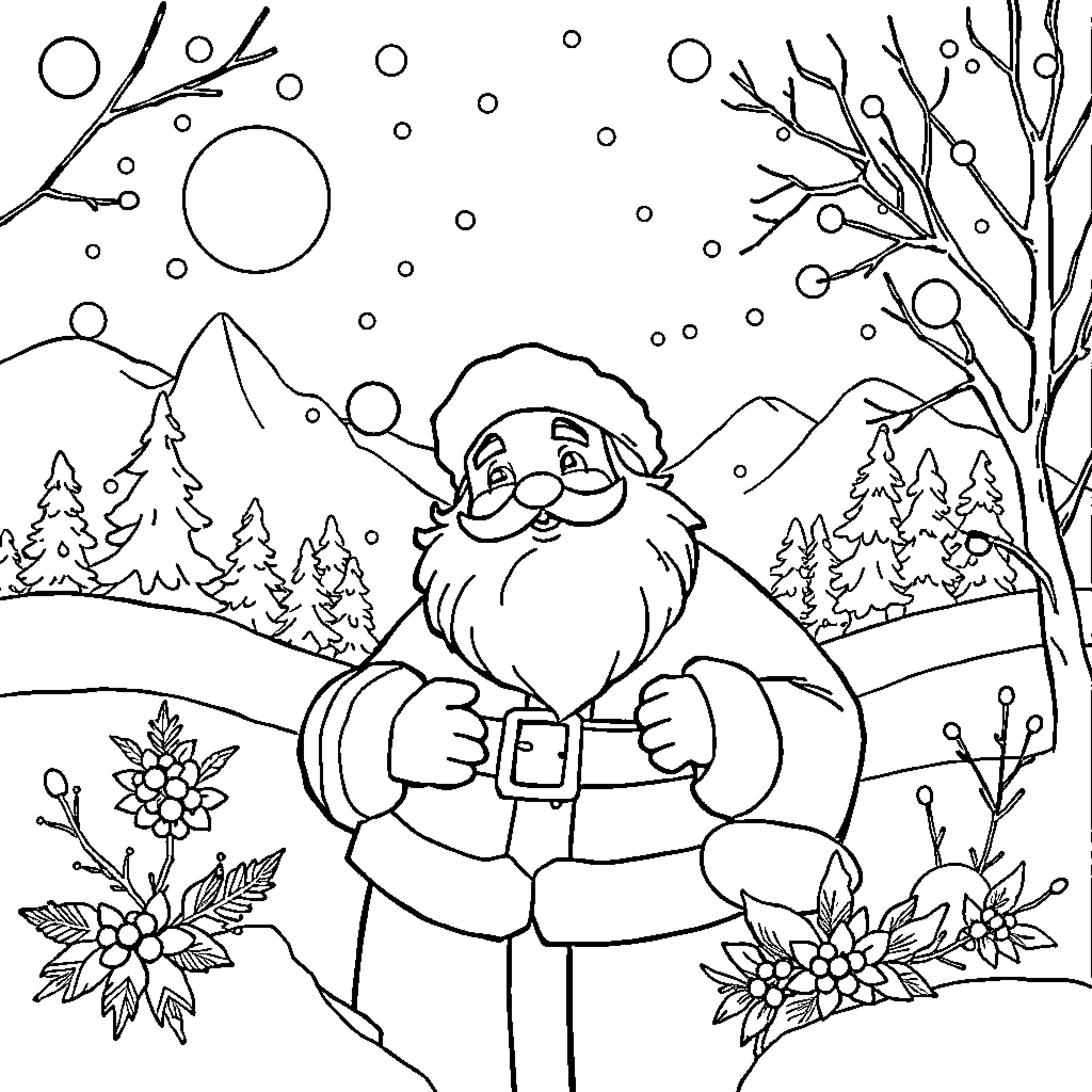 Santa Claus enjoying the winter wonderland Coloring Page (free black-and-white line drawing printable PDF for all, from beginners to advanced learners, including children, teens, adults, and seniors)