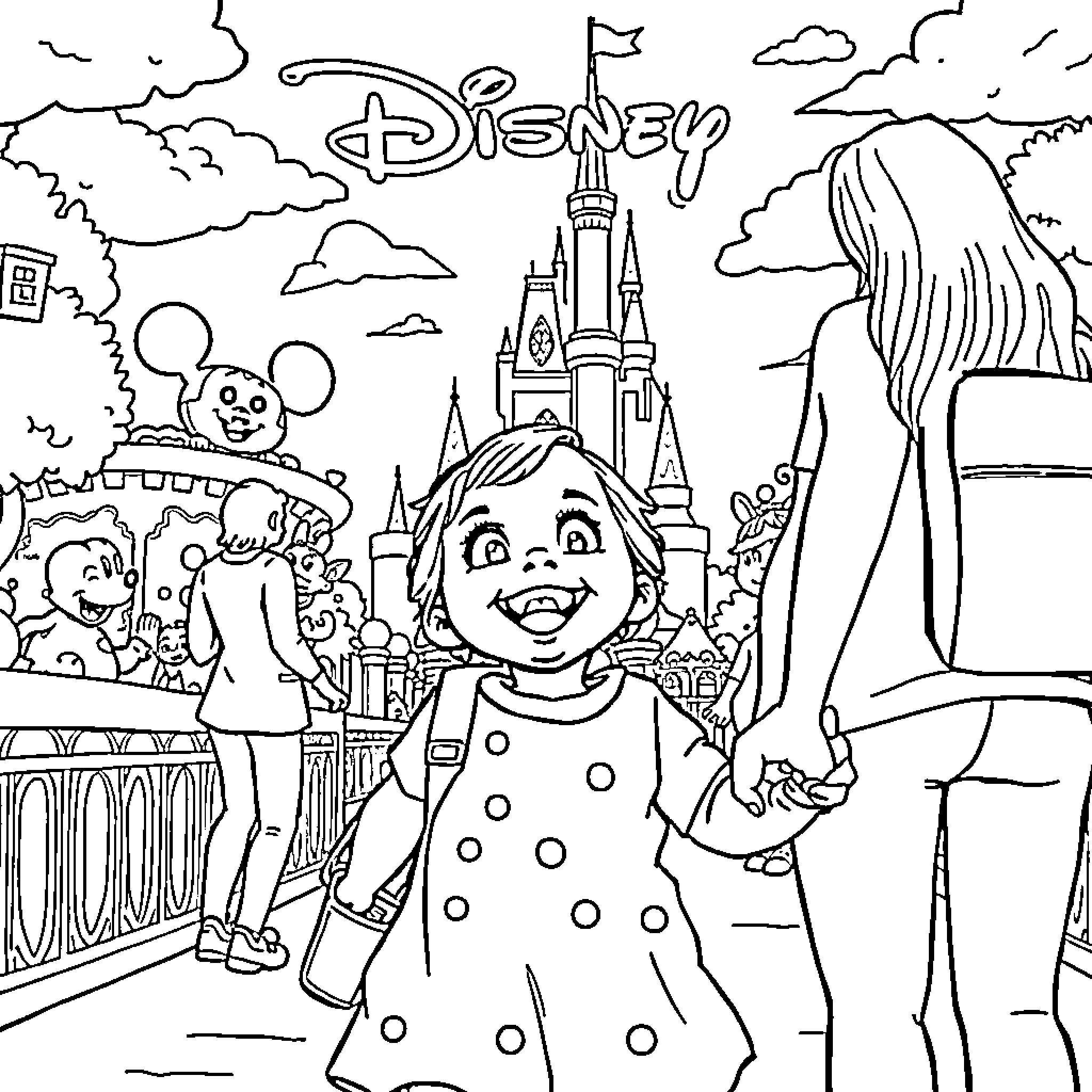 Girl exploring Disney theme park with excitement Coloring Page (free black-and-white line drawing printable PDF for all, from beginners to advanced learners, including children, teens, adults, and seniors)