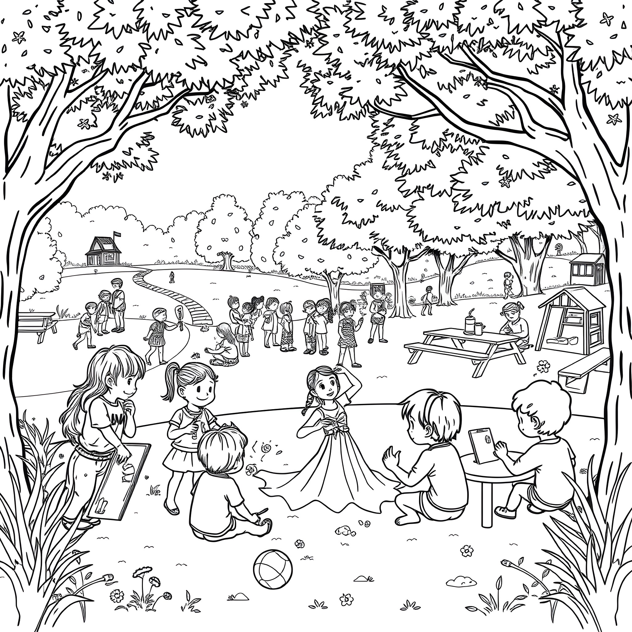 Kids playing outdoors in a park setting Coloring Page (free black-and-white line drawing printable PDF for all, from beginners to advanced learners, including children, teens, adults, and seniors)