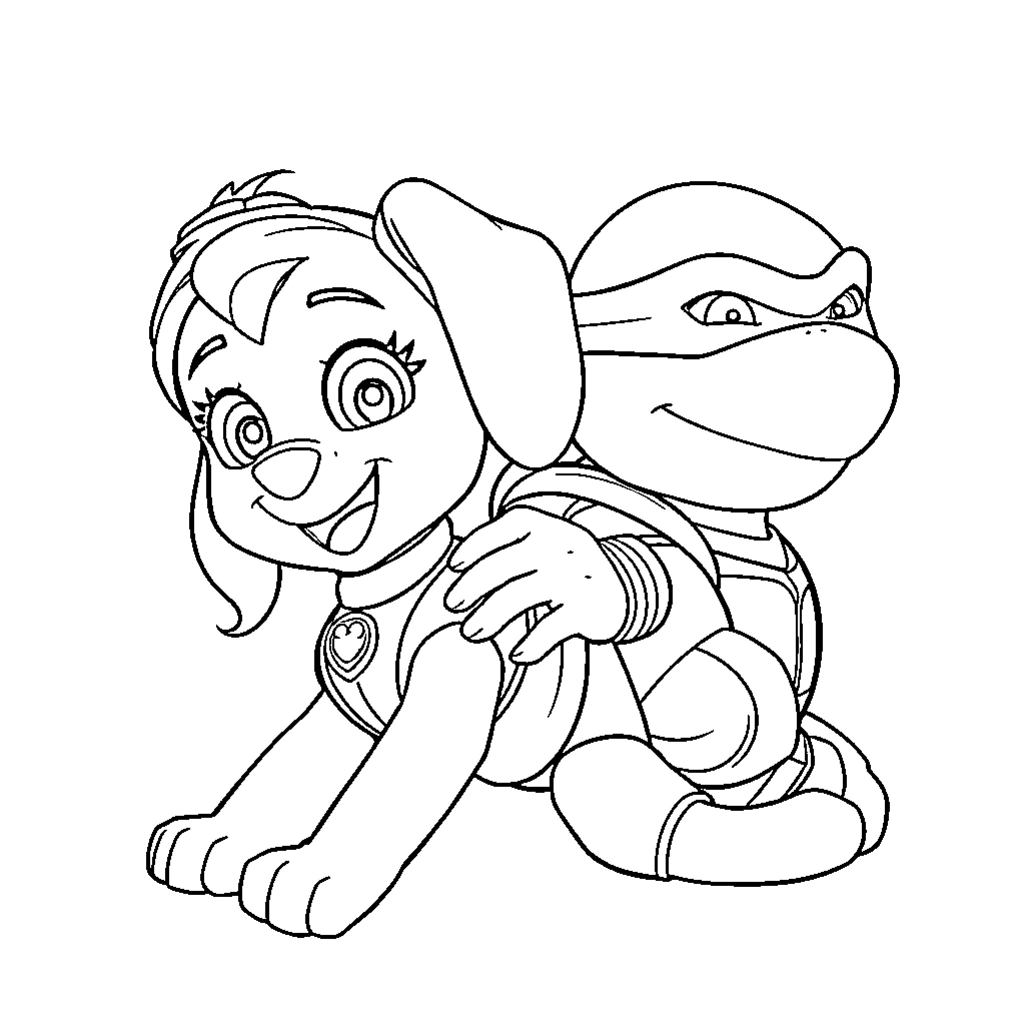 Skye and Pup Exploring the World Coloring Page (free black-and-white line drawing printable PDF for all, from beginners to advanced learners, including children, teens, adults, and seniors)