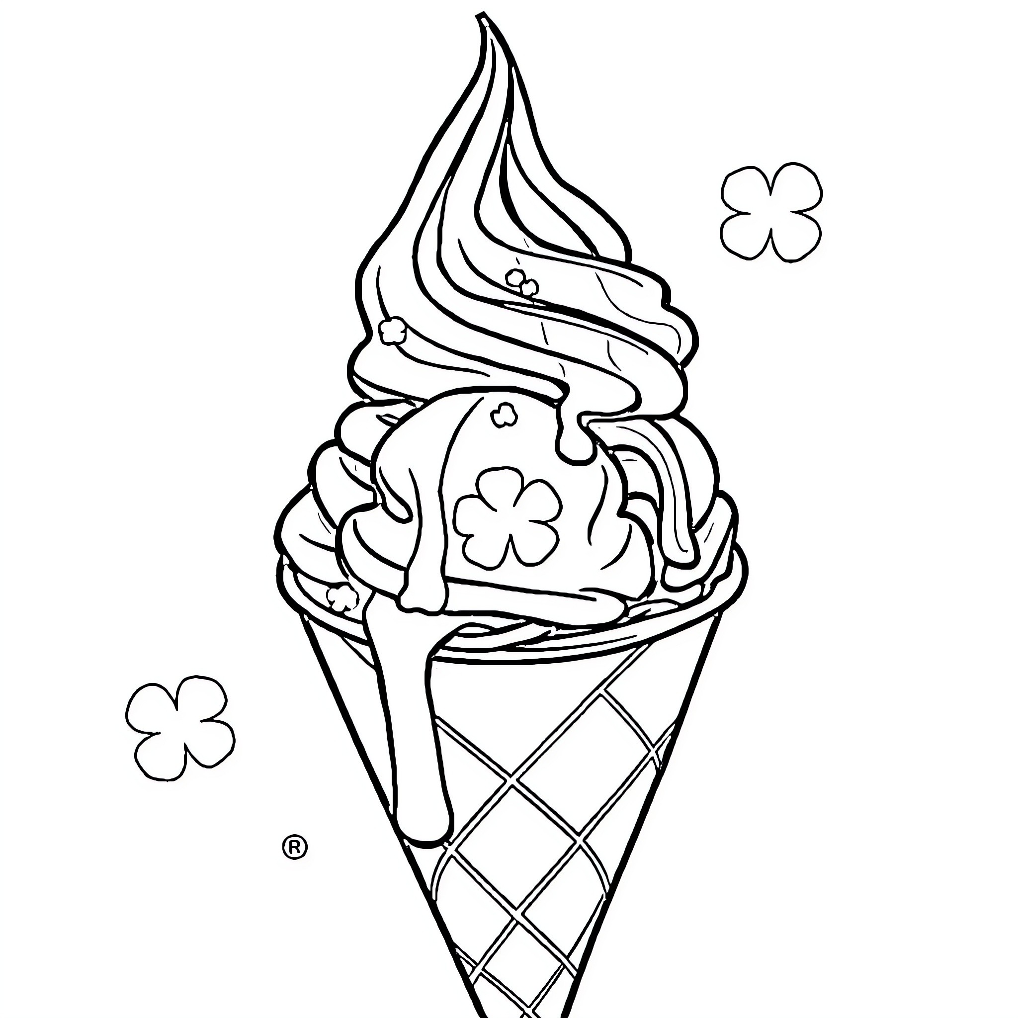 Ice Cream Cone with Floral Decorations Coloring Page (free black-and-white line drawing printable PDF for all, from beginners to advanced learners, including children, teens, adults, and seniors)