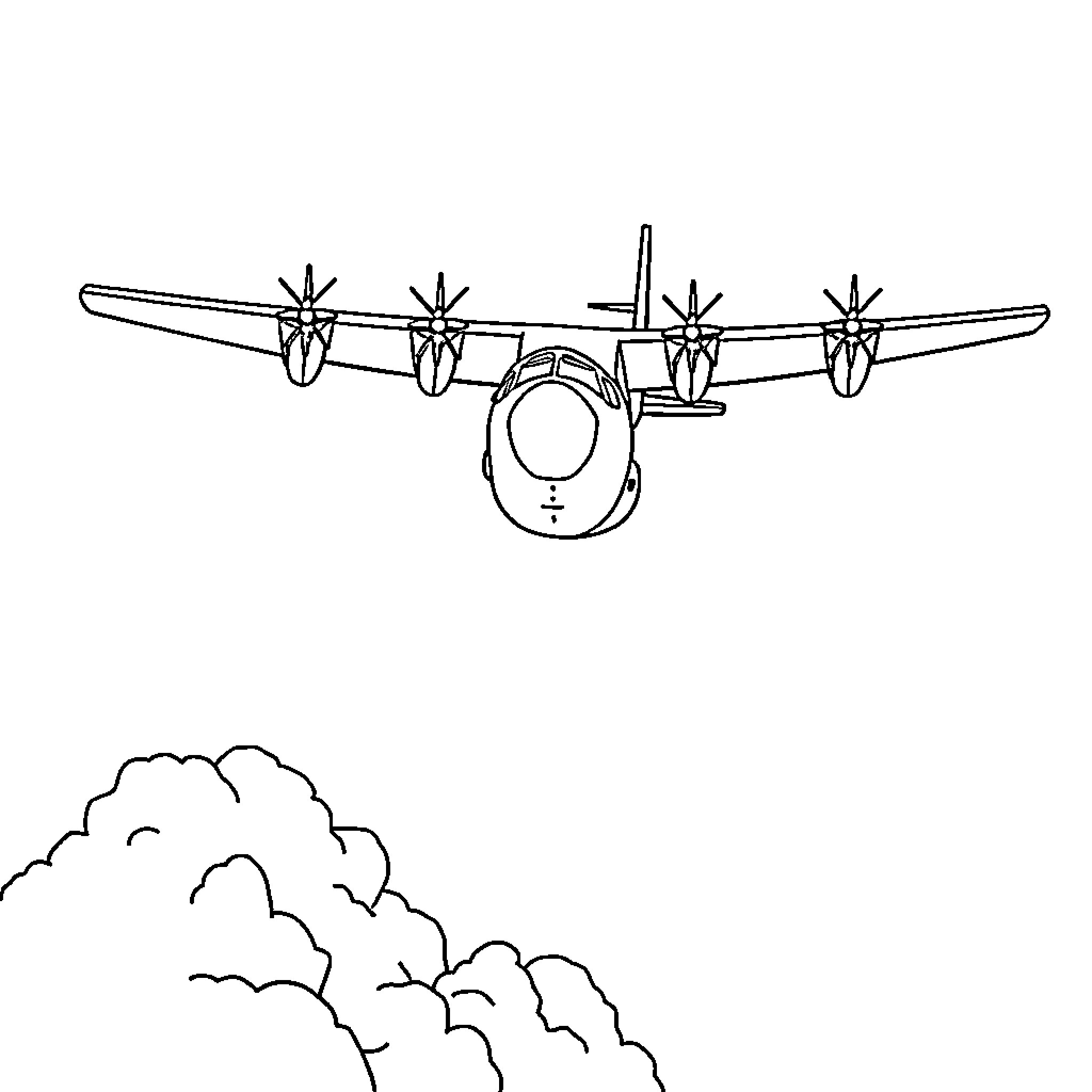 Airplane flying through cloudy sky Coloring Page (free black-and-white line drawing printable PDF for all, from beginners to advanced learners, including children, teens, adults, and seniors)