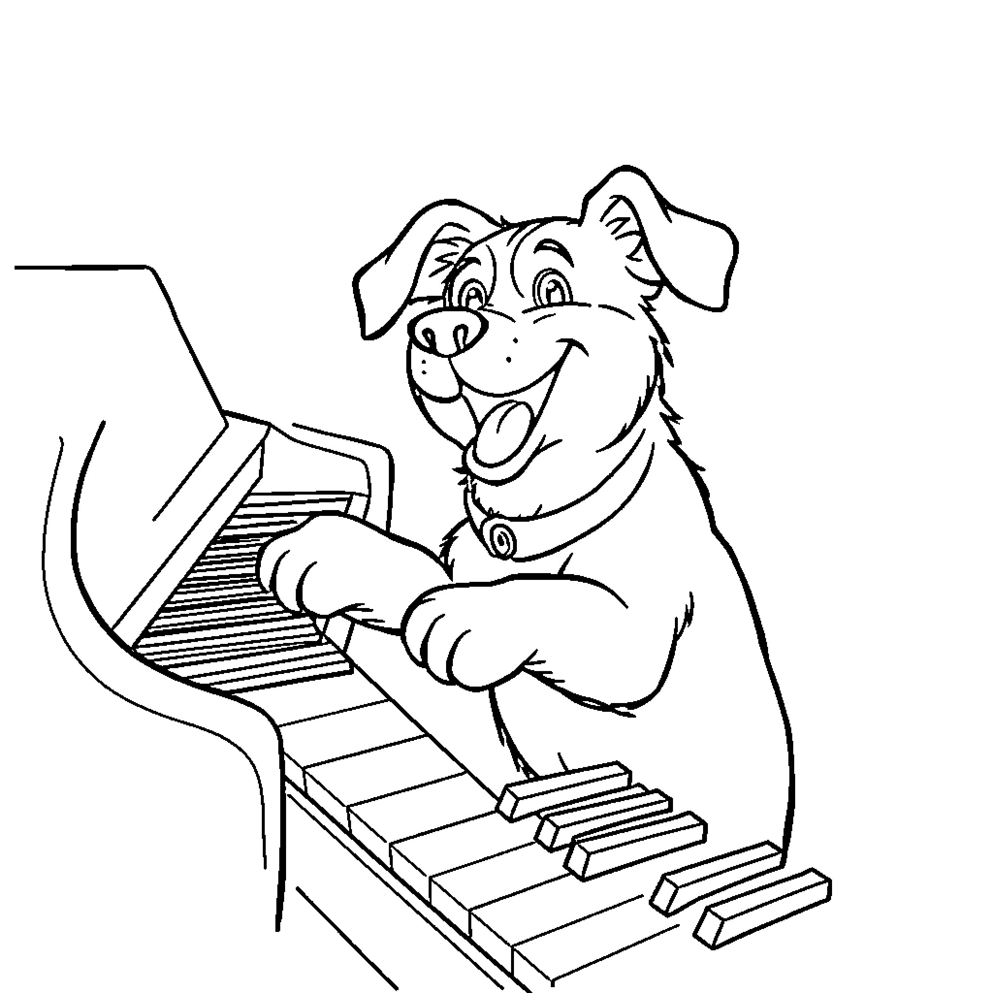 Dog playing joyfully on piano Coloring Page (free black-and-white line drawing printable PDF for all, from beginners to advanced learners, including children, teens, adults, and seniors)
