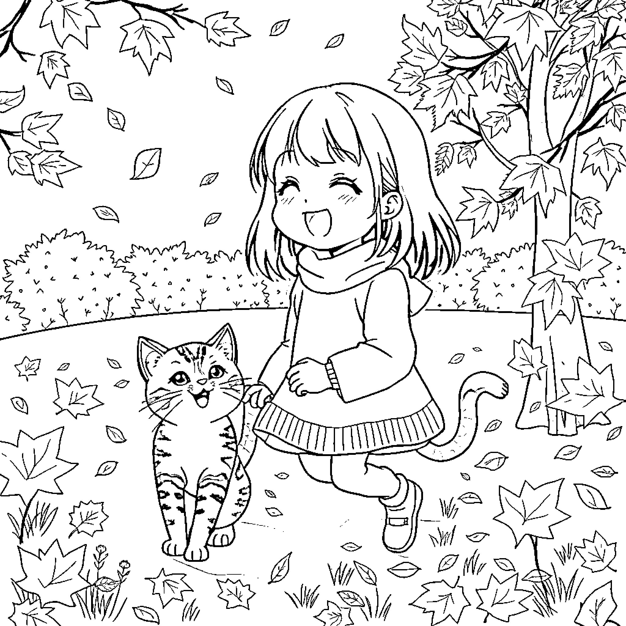 Anime Girl Playing with Cute Kitten in Autumn Leaves Coloring Page (free black-and-white line drawing printable PDF for all, from beginners to advanced learners, including children, teens, adults, and seniors)