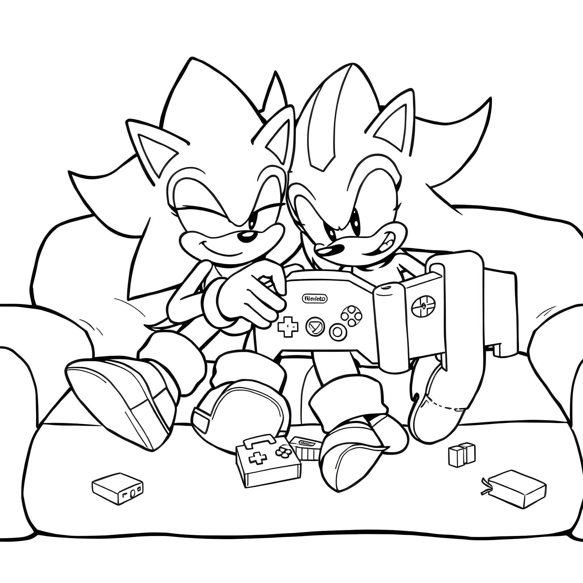 Sonic Characters Playing Video Games Together Coloring Page (free black-and-white line drawing printable PDF for all, from beginners to advanced learners, including children, teens, adults, and seniors)