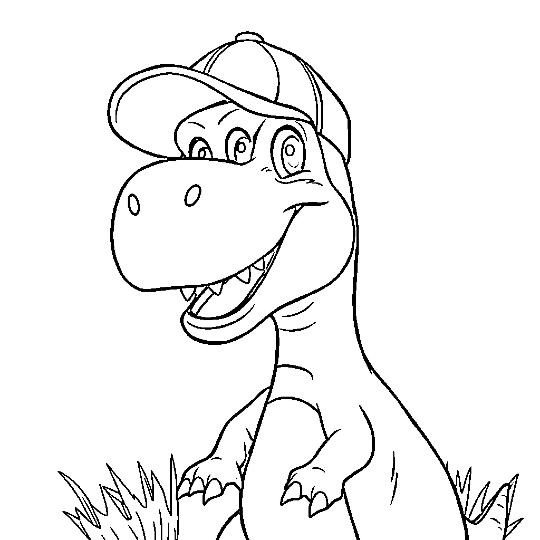 T-Rex in baseball cap smiling happily Coloring Page (free black-and-white line drawing printable PDF for all, from beginners to advanced learners, including children, teens, adults, and seniors)