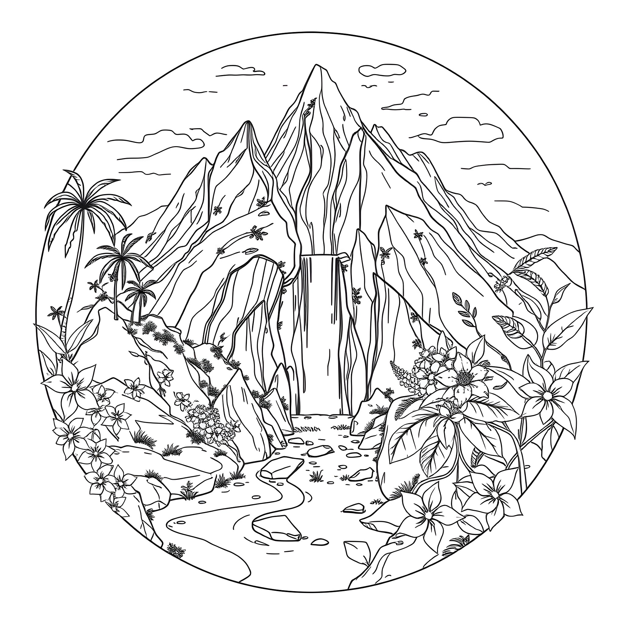 Mountain landscape with tropical flora and fauna Coloring Page (free black-and-white line drawing printable PDF for all, from beginners to advanced learners, including children, teens, adults, and seniors)