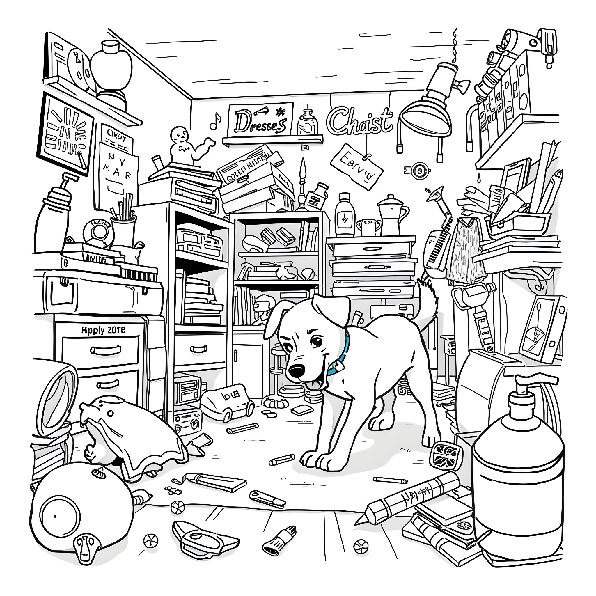 Dog exploring a cluttered and messy studio Coloring Page (free black-and-white line drawing printable PDF for all, from beginners to advanced learners, including children, teens, adults, and seniors)