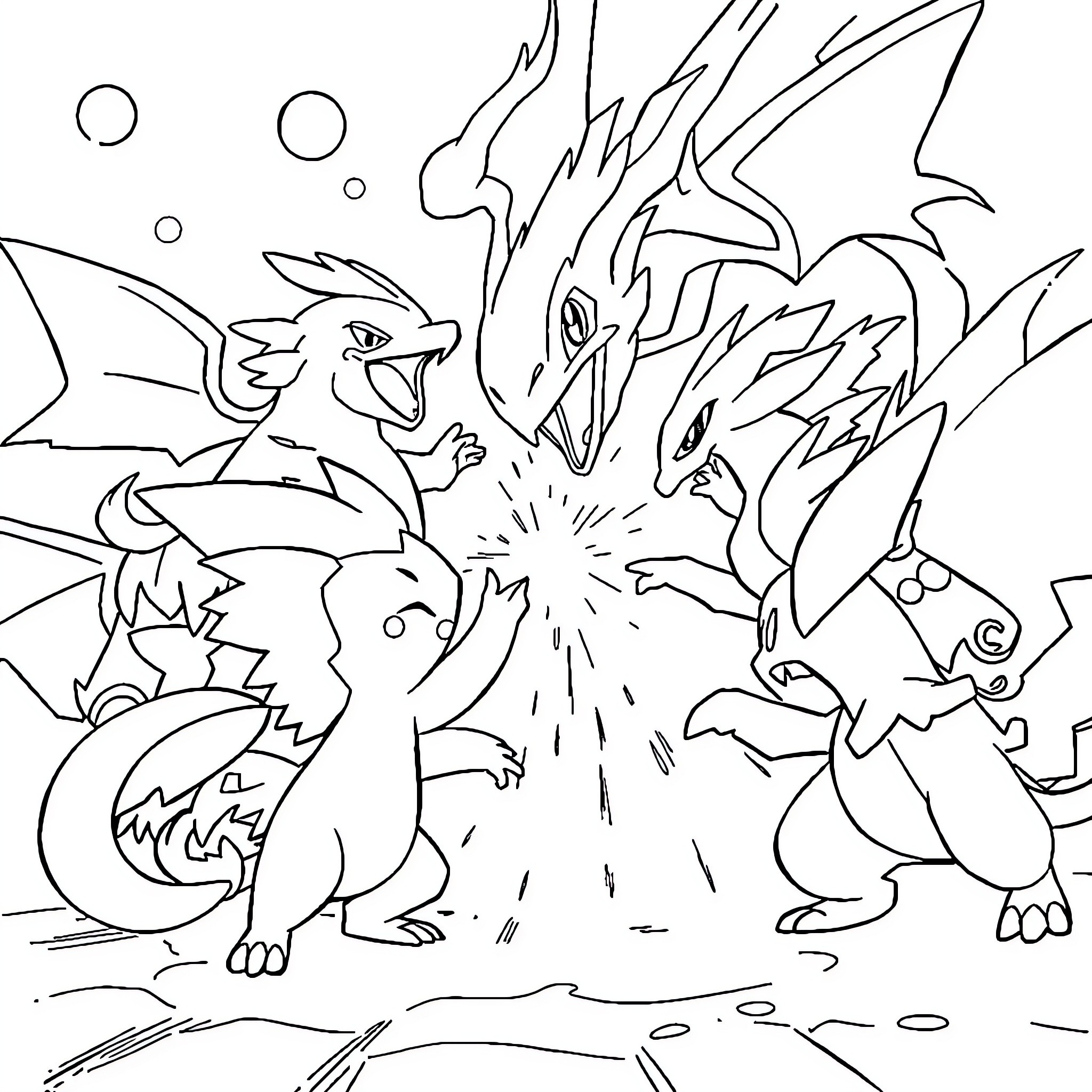 Pokémon Engaging in Fierce Battle Coloring Page (free black-and-white line drawing printable PDF for all, from beginners to advanced learners, including children, teens, adults, and seniors)