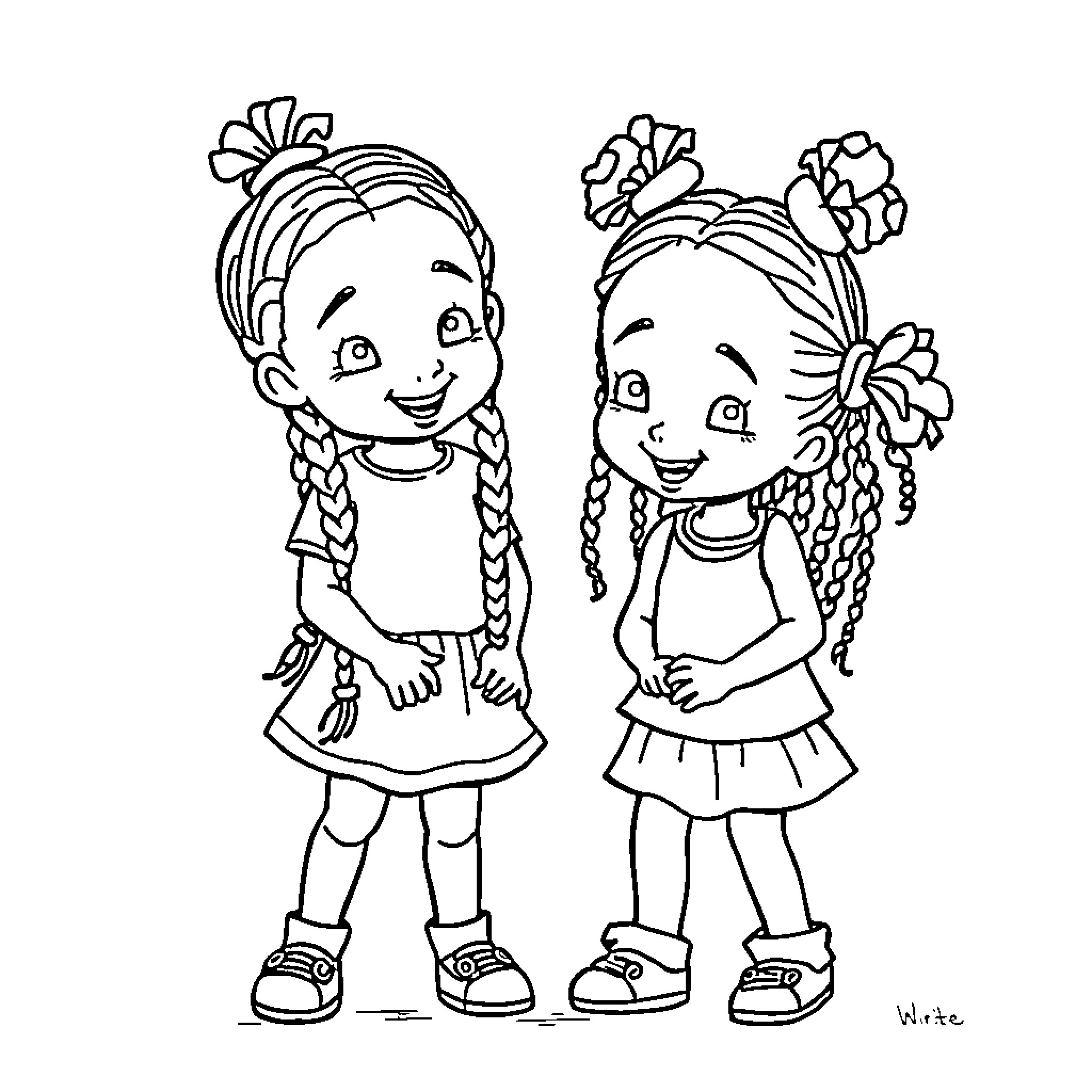 Sister's Playtime: A Cheerful Scene of Two Girls Coloring Page (free black-and-white line drawing printable PDF for all, from beginners to advanced learners, including children, teens, adults, and seniors)