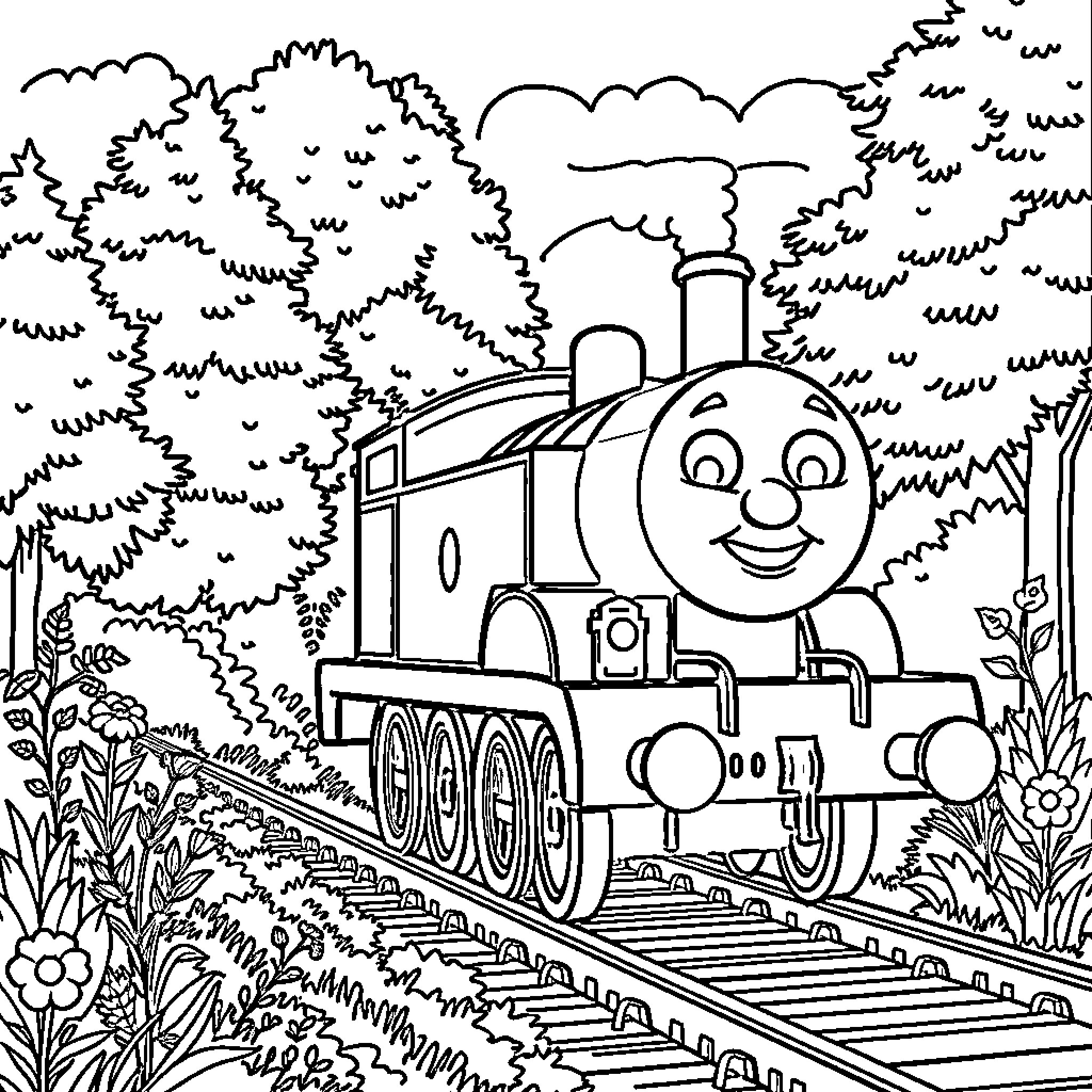 Thomas the Train Joyfully Traversing through the Lush Countryside Coloring Page (free black-and-white line drawing printable PDF for all, from beginners to advanced learners, including children, teens, adults, and seniors)