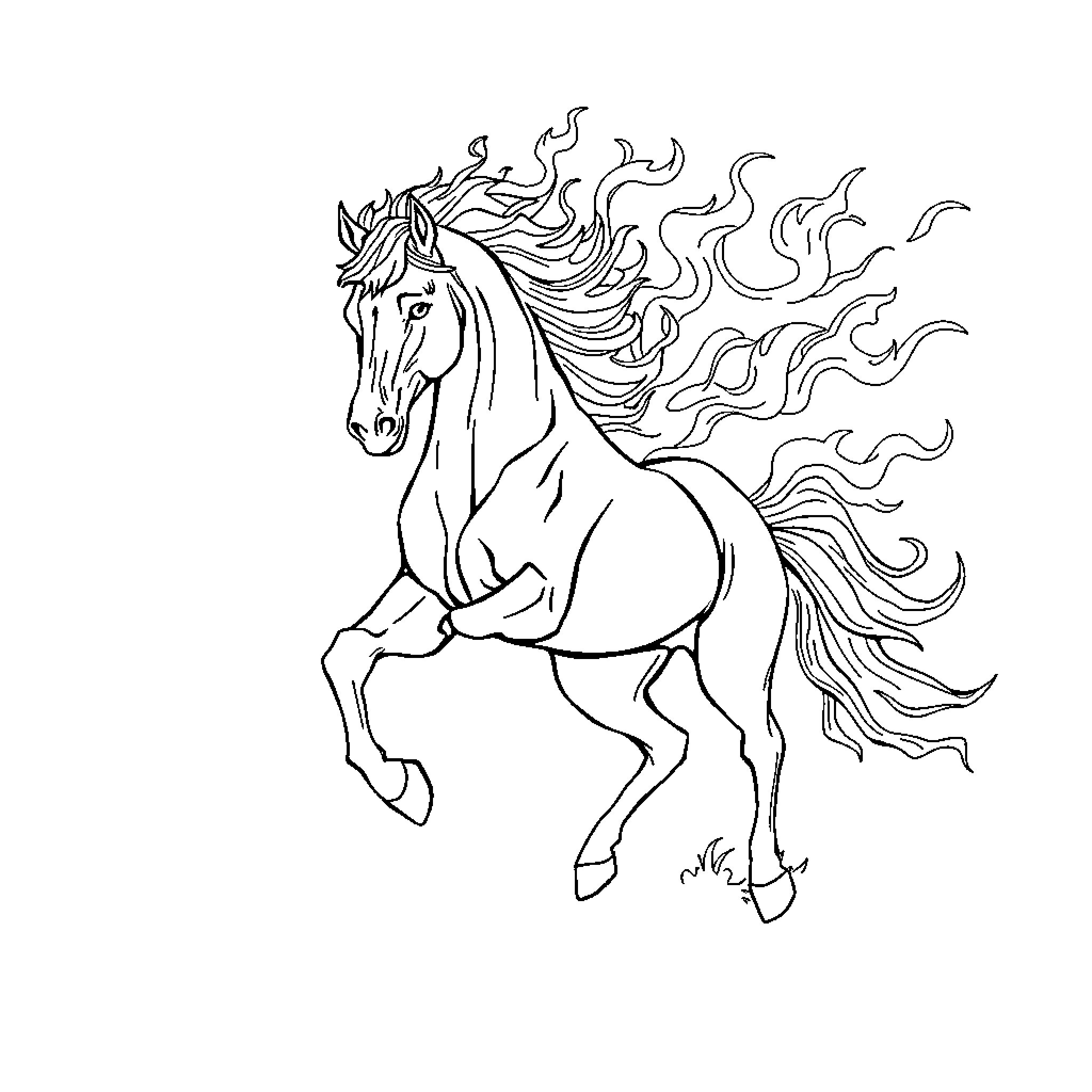 Fire Horse Galloping with Flames Coloring Page (free black-and-white line drawing printable PDF for all, from beginners to advanced learners, including children, teens, adults, and seniors)