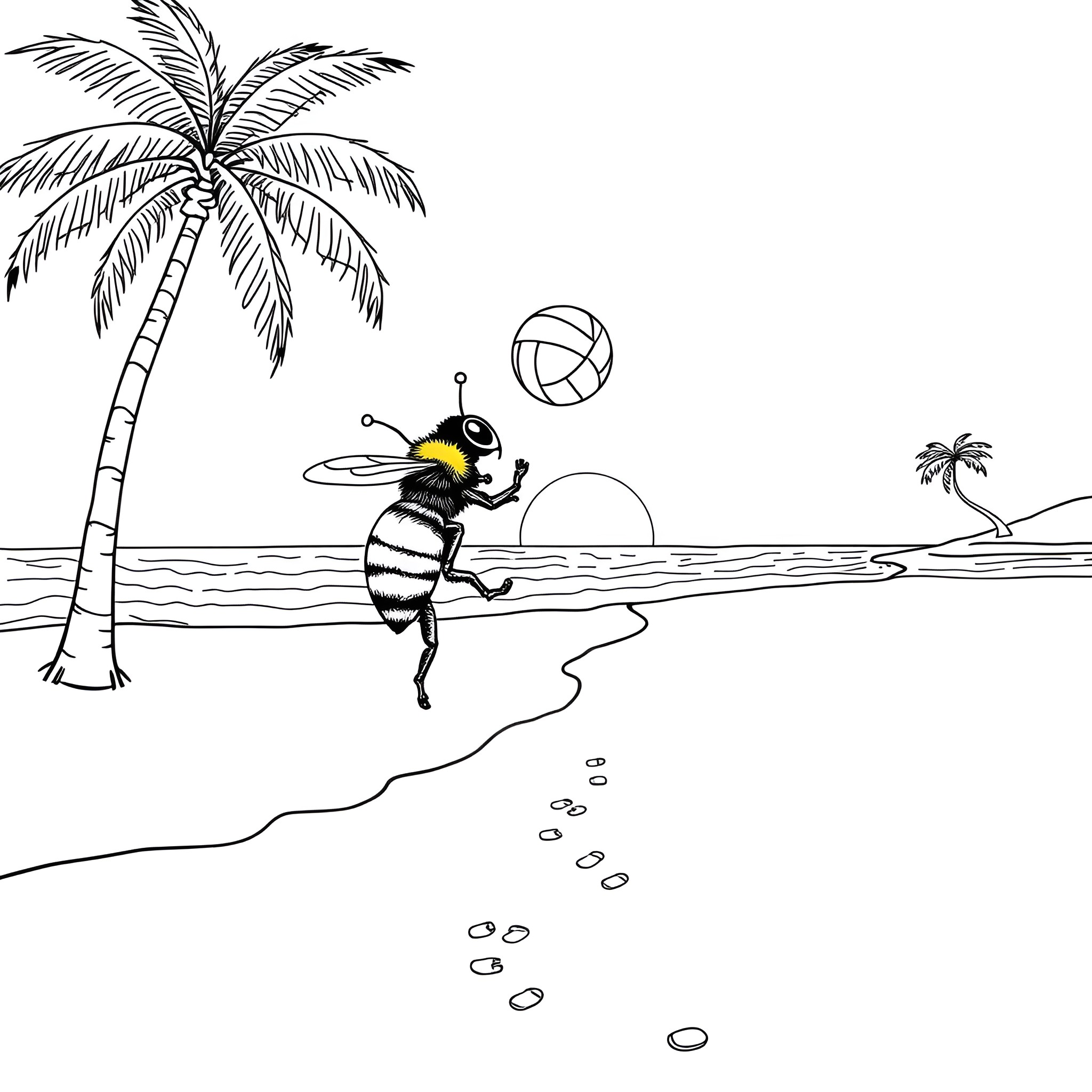 Bumblebee playing beach volleyball on a tropical island Coloring Page (free black-and-white line drawing printable PDF for all, from beginners to advanced learners, including children, teens, adults, and seniors)