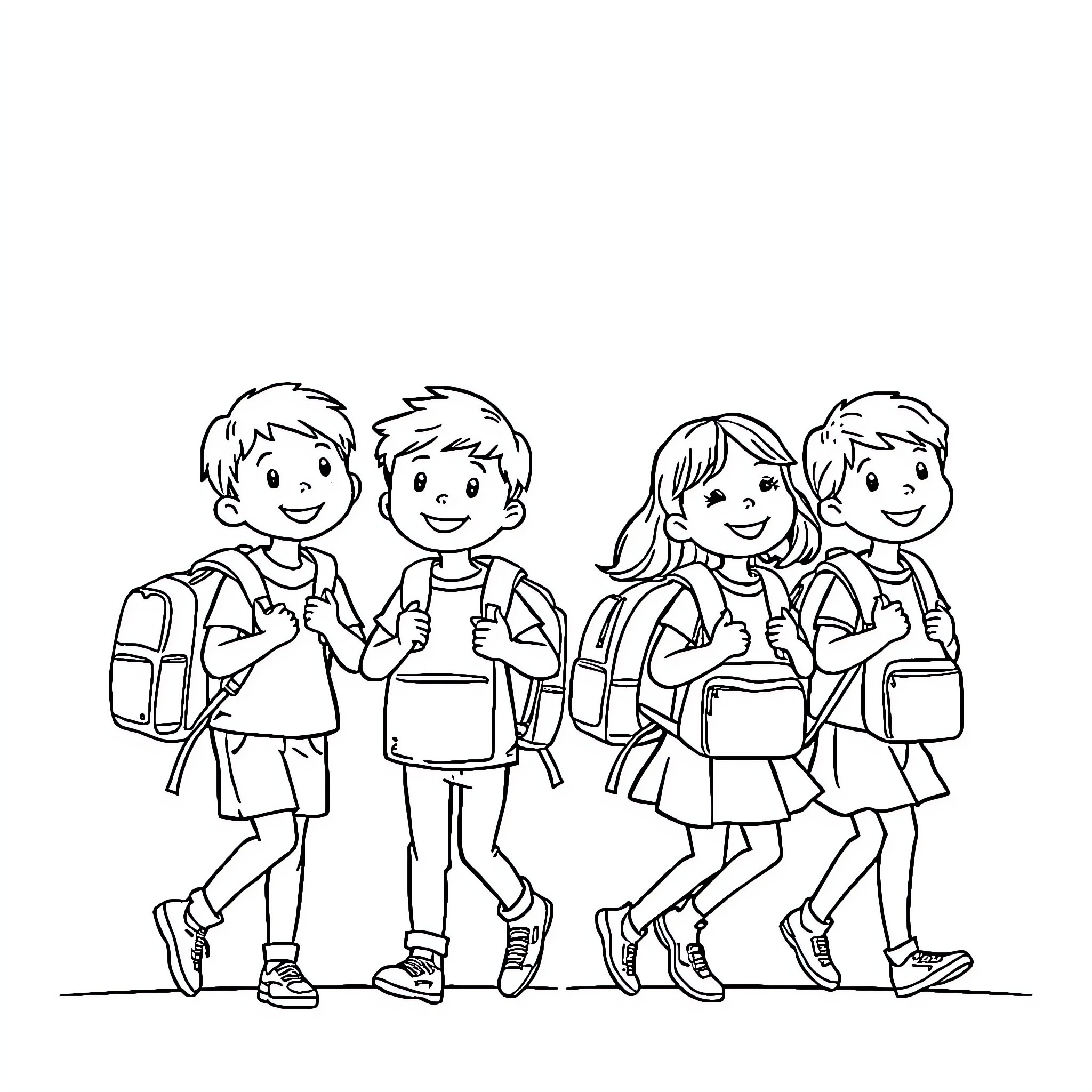 Child students happily going to school together Coloring Page (free black-and-white line drawing printable PDF for all, from beginners to advanced learners, including children, teens, adults, and seniors)