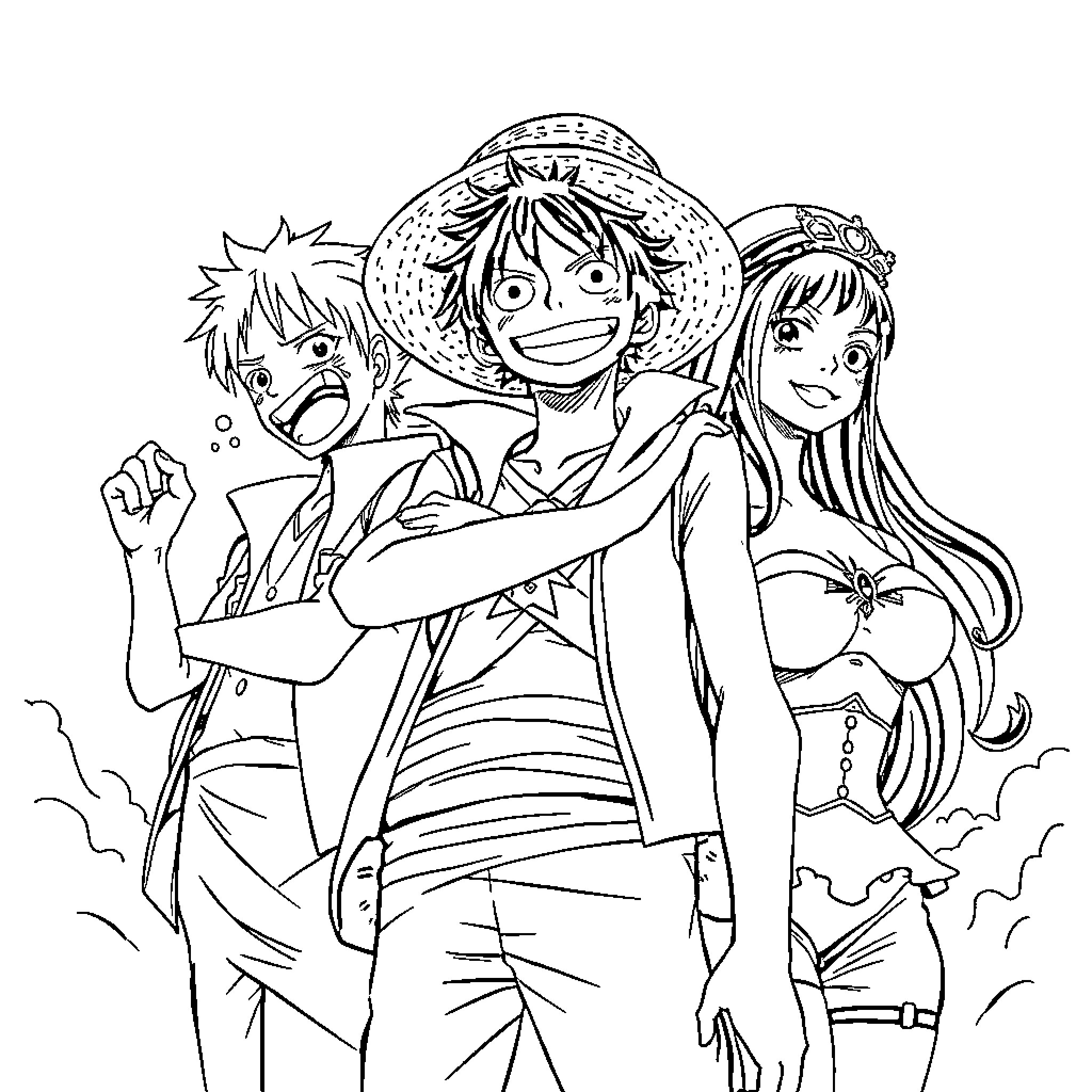 One Piece Trio's Lively Adventure Coloring Page (free black-and-white line drawing printable PDF for all, from beginners to advanced learners, including children, teens, adults, and seniors)