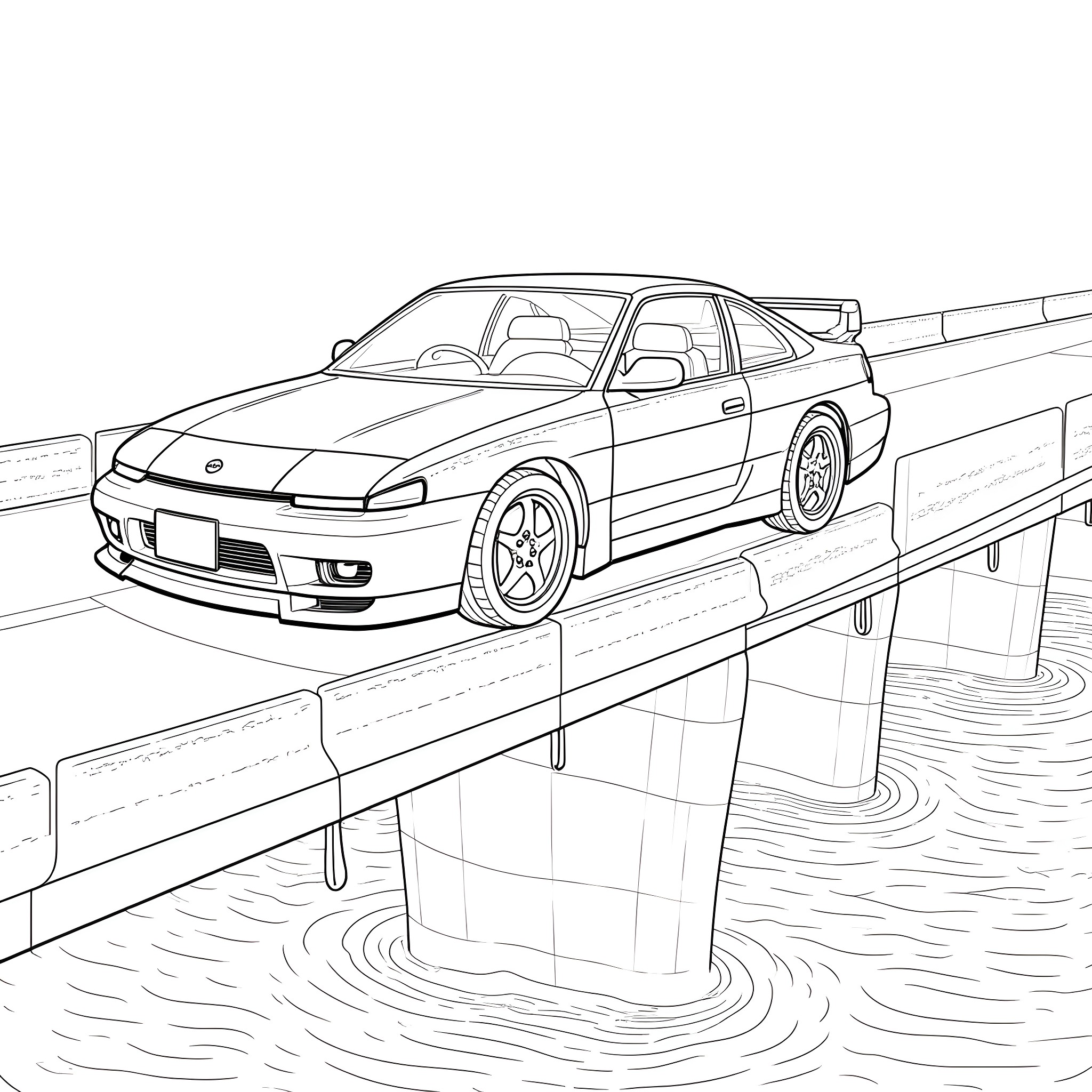 Nissan sports car driving on a bridge Coloring Page (free black-and-white line drawing printable PDF for all, from beginners to advanced learners, including children, teens, adults, and seniors)