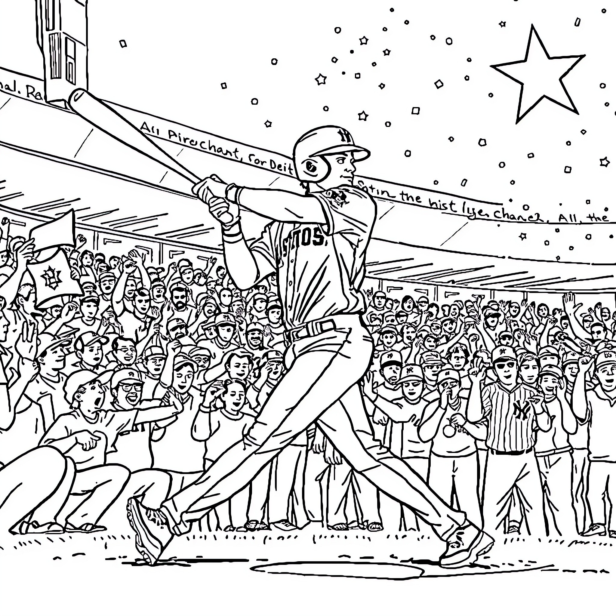 Jose Altuve Batting at Crowd-Filled Stadium Coloring Page (free black-and-white line drawing printable PDF for all, from beginners to advanced learners, including children, teens, adults, and seniors)
