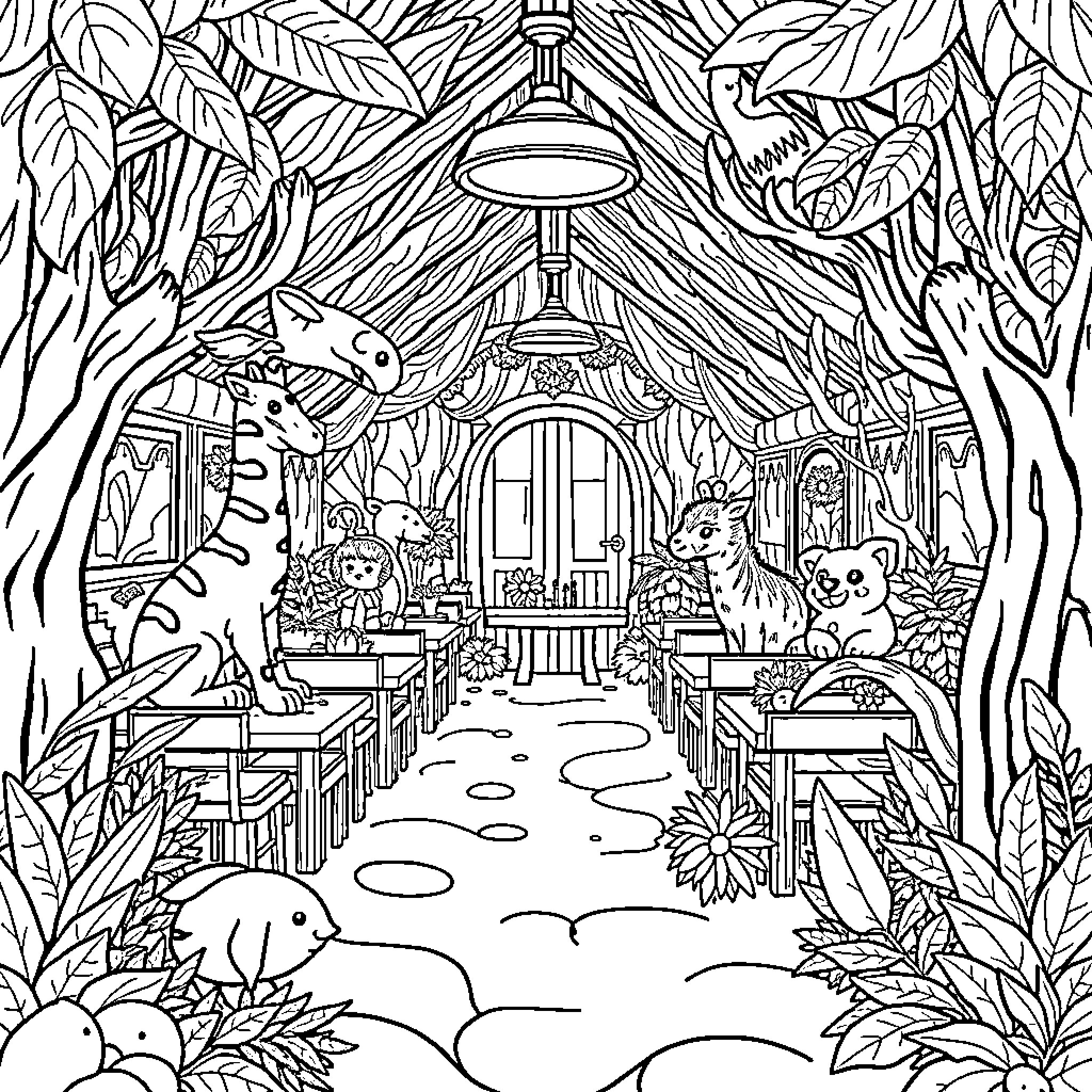 Zoo Animals Exploring Lush Jungle Sanctuary Coloring Page (free black-and-white line drawing printable PDF for all, from beginners to advanced learners, including children, teens, adults, and seniors)