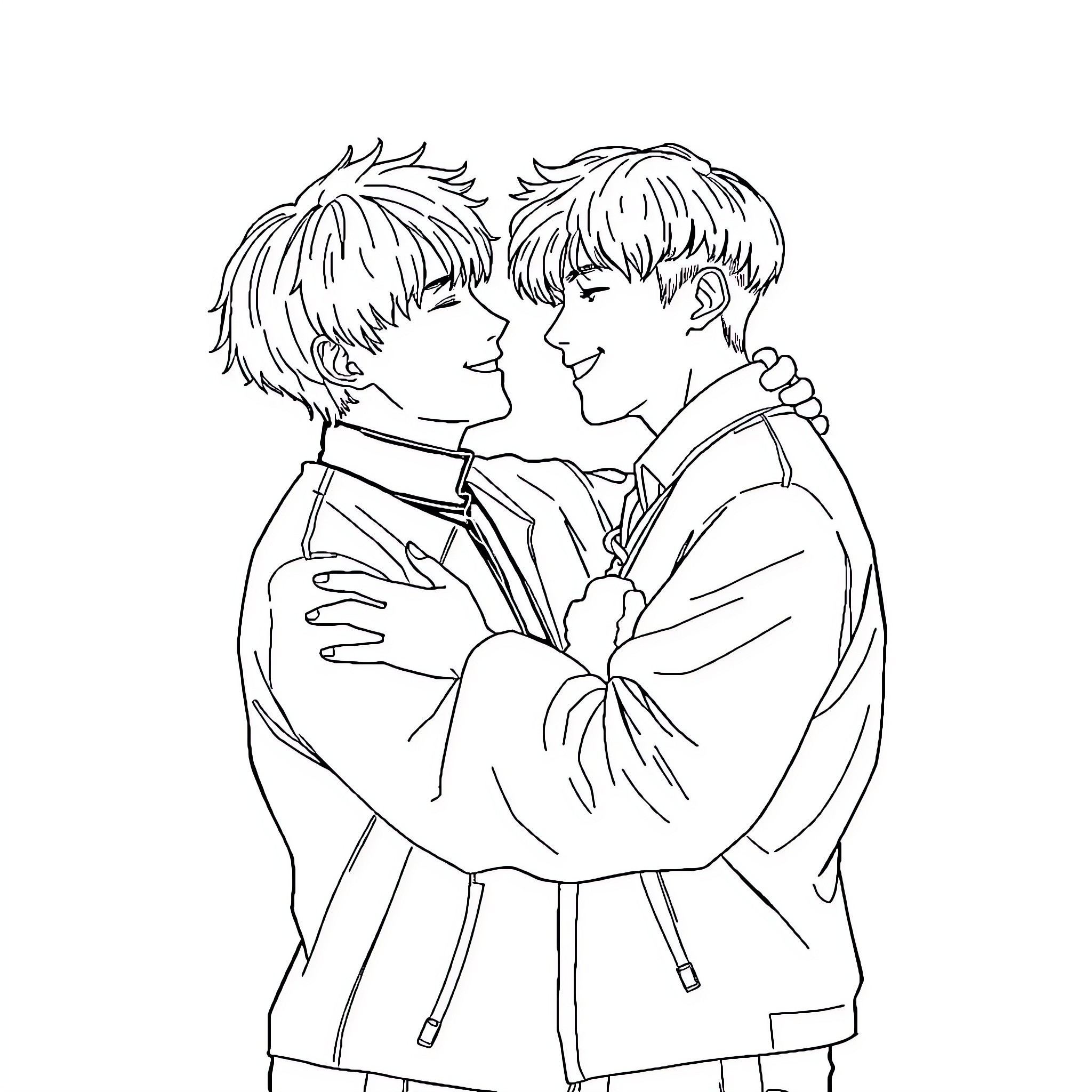 Jimin's heartfelt embrace with a close friend Coloring Page (free black-and-white line drawing printable PDF for all, from beginners to advanced learners, including children, teens, adults, and seniors)