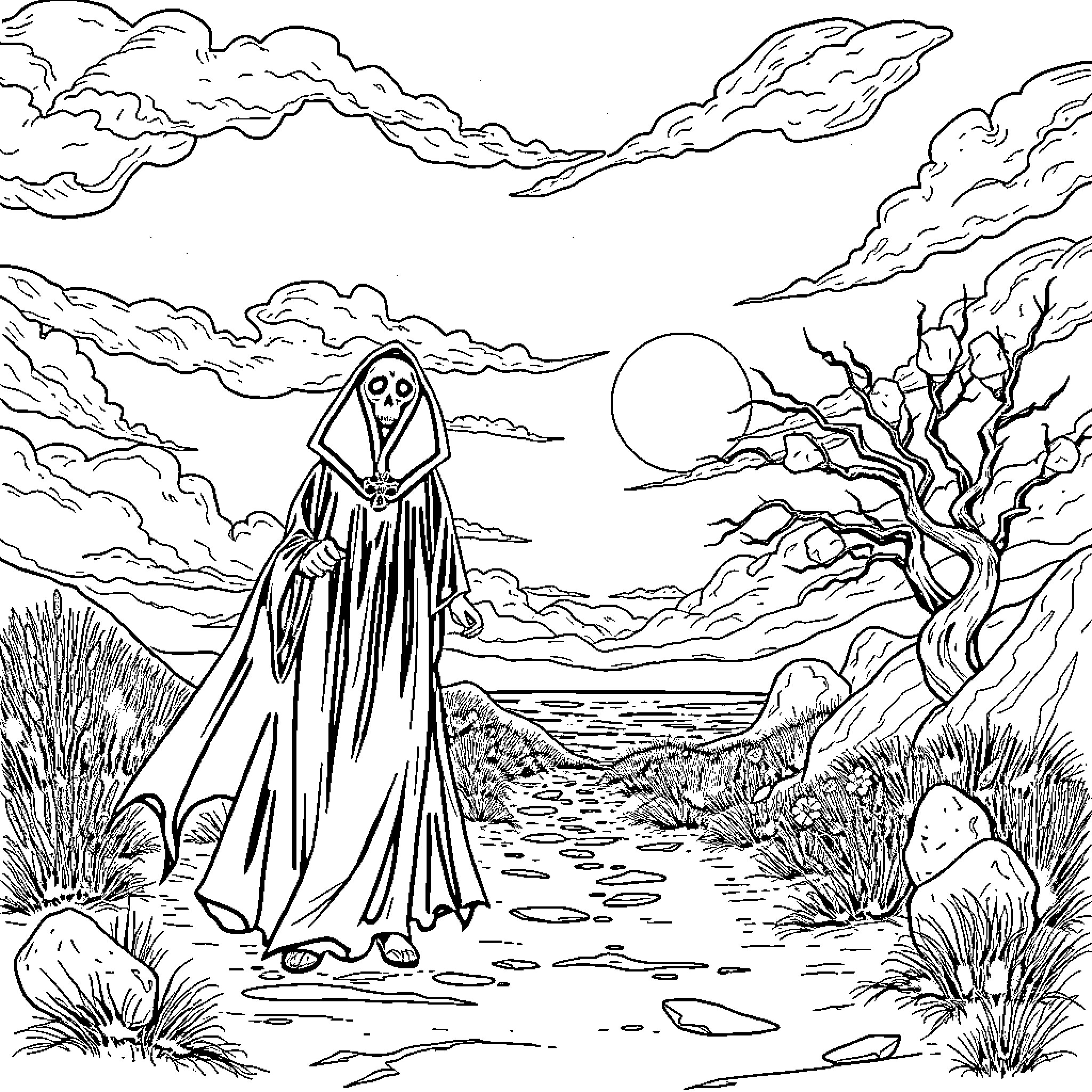 Vampire haunting a desolate landscape Coloring Page (free black-and-white line drawing printable PDF for all, from beginners to advanced learners, including children, teens, adults, and seniors)
