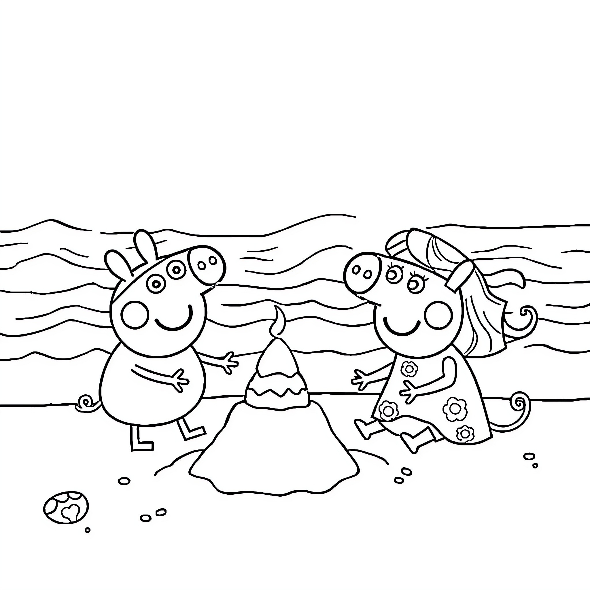 Peppa Pig and friends playing at the beach Coloring Page (free black-and-white line drawing printable PDF for all, from beginners to advanced learners, including children, teens, adults, and seniors)