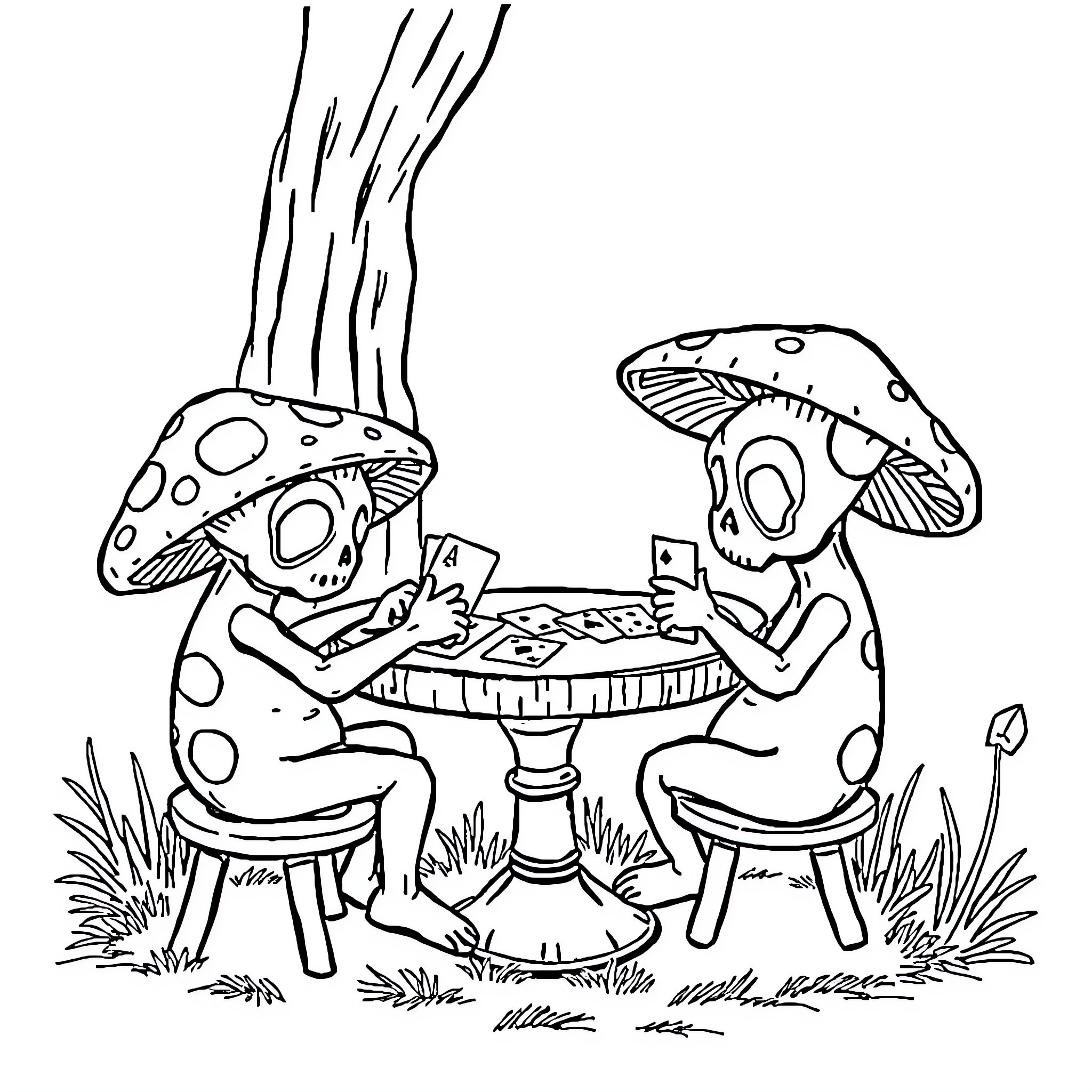 Mushroom characters having a tea party in the forest Coloring Page (free black-and-white line drawing printable PDF for all, from beginners to advanced learners, including children, teens, adults, and seniors)
