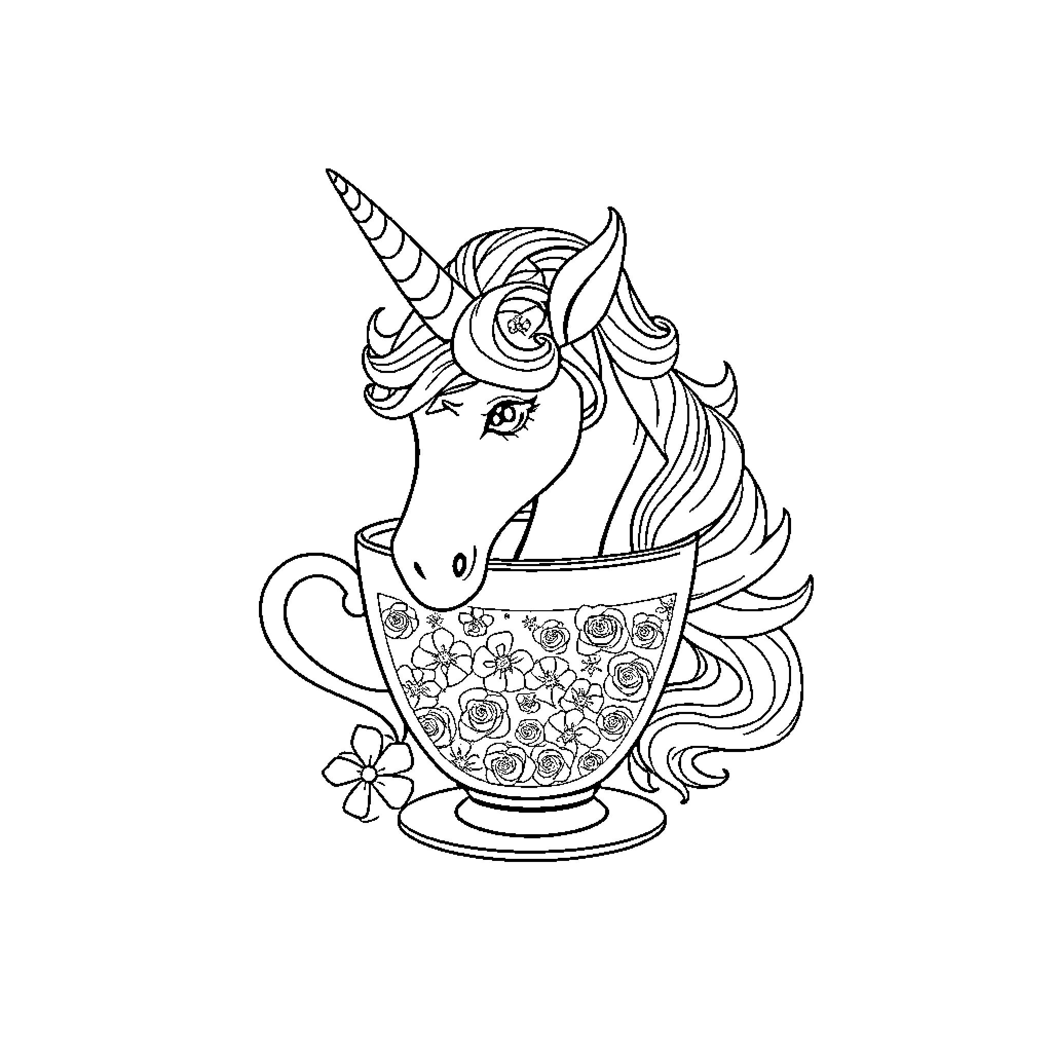 Unicorn enjoying a magical tea party Coloring Page (free black-and-white line drawing printable PDF for all, from beginners to advanced learners, including children, teens, adults, and seniors)