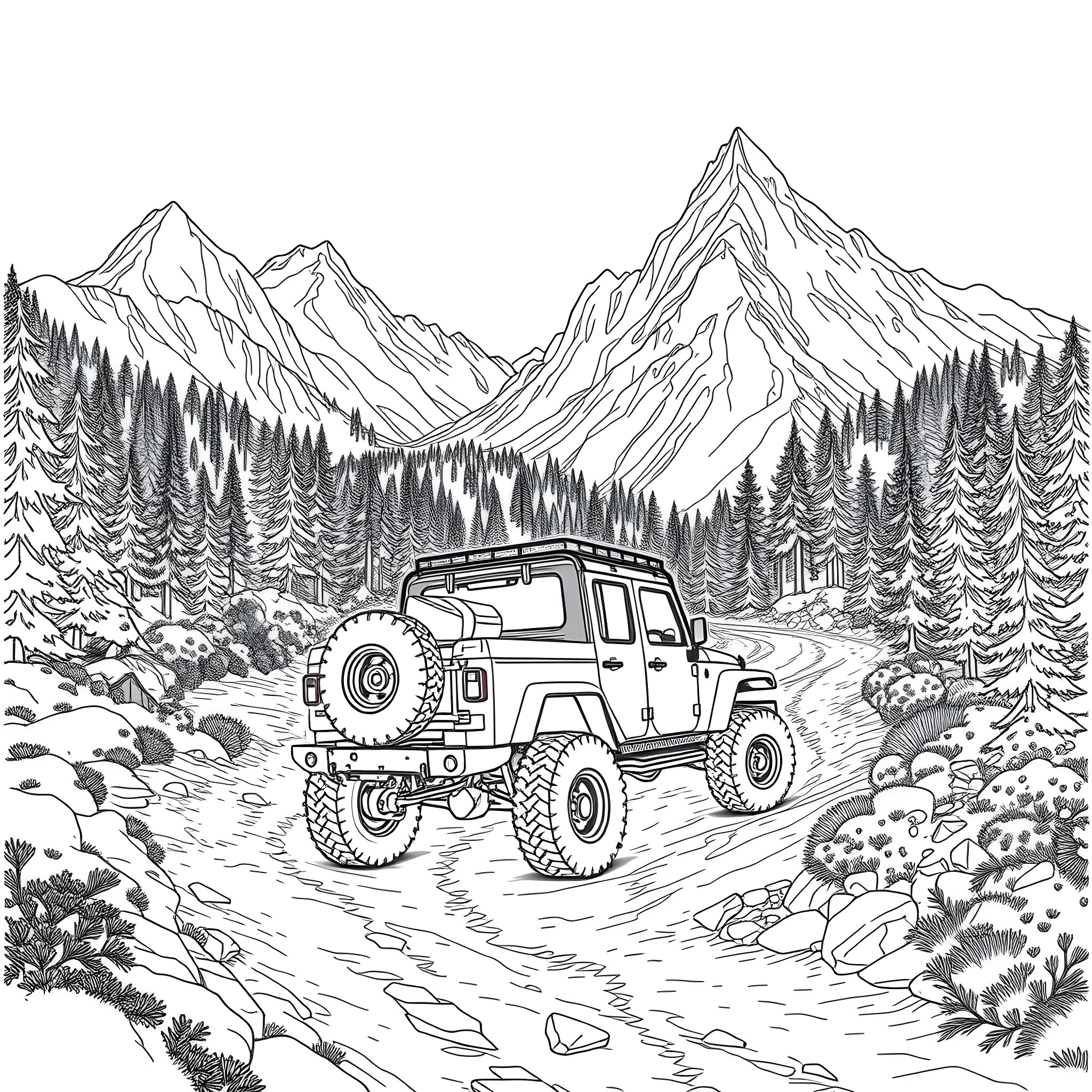 Off-road adventure through rugged mountain terrain Coloring Page (free black-and-white line drawing printable PDF for all, from beginners to advanced learners, including children, teens, adults, and seniors)