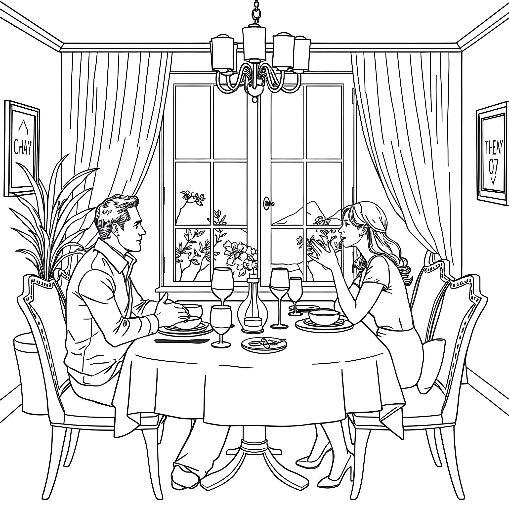 Man and Woman Enjoying a Formal Dinner Together Coloring Page (free black-and-white line drawing printable PDF for all, from beginners to advanced learners, including children, teens, adults, and seniors)