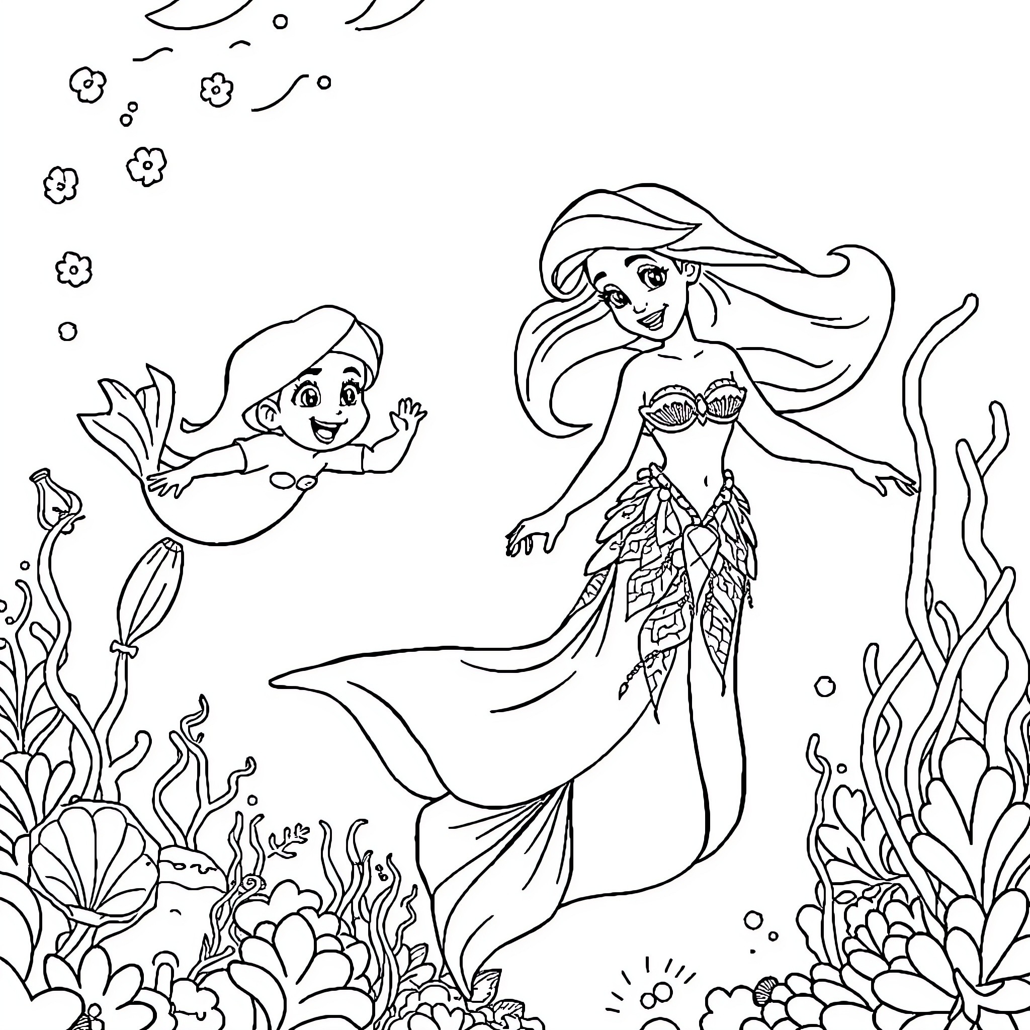 Mermaid sisters exploring the underwater world Coloring Page (free black-and-white line drawing printable PDF for all, from beginners to advanced learners, including children, teens, adults, and seniors)