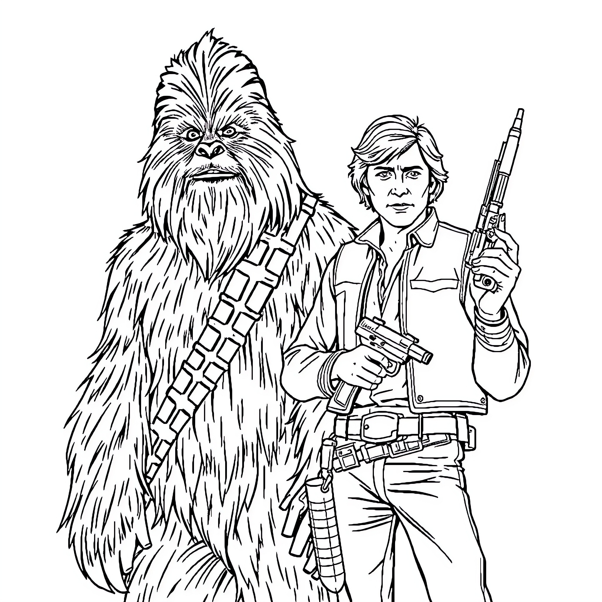 Chewbacca and Han Solo in action Coloring Page (free black-and-white line drawing printable PDF for all, from beginners to advanced learners, including children, teens, adults, and seniors)